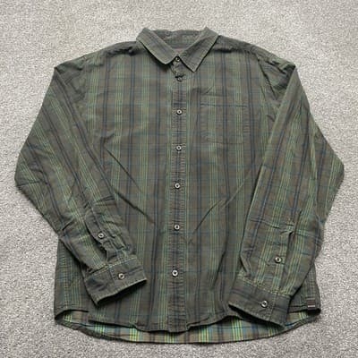 Prana Shirt Mens Large Green Blue Plaid Button Down Long Sleeve Casual Outdoor