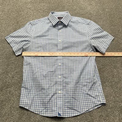 UNTUCKit Shirt Mens Medium Blue White Plaid Short Sleeve Slim Fit Wrinkle Free - Thumbnail 4