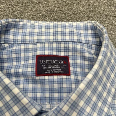 UNTUCKit Shirt Mens Medium Blue White Plaid Short Sleeve Slim Fit Wrinkle Free - Thumbnail 3