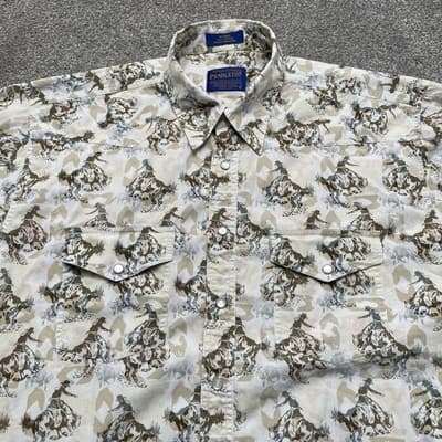 Pendleton Shirt Mens Large Beige Cowboy Rodeo Western Short Sleeve Pearl Snap - Thumbnail 2