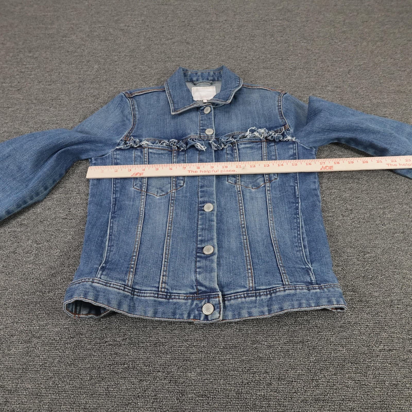 Zara Jacket Womens Medium Blue Trafaluc Denim Trucker Frayed Trim Crop Stretch - Thumbnail 5
