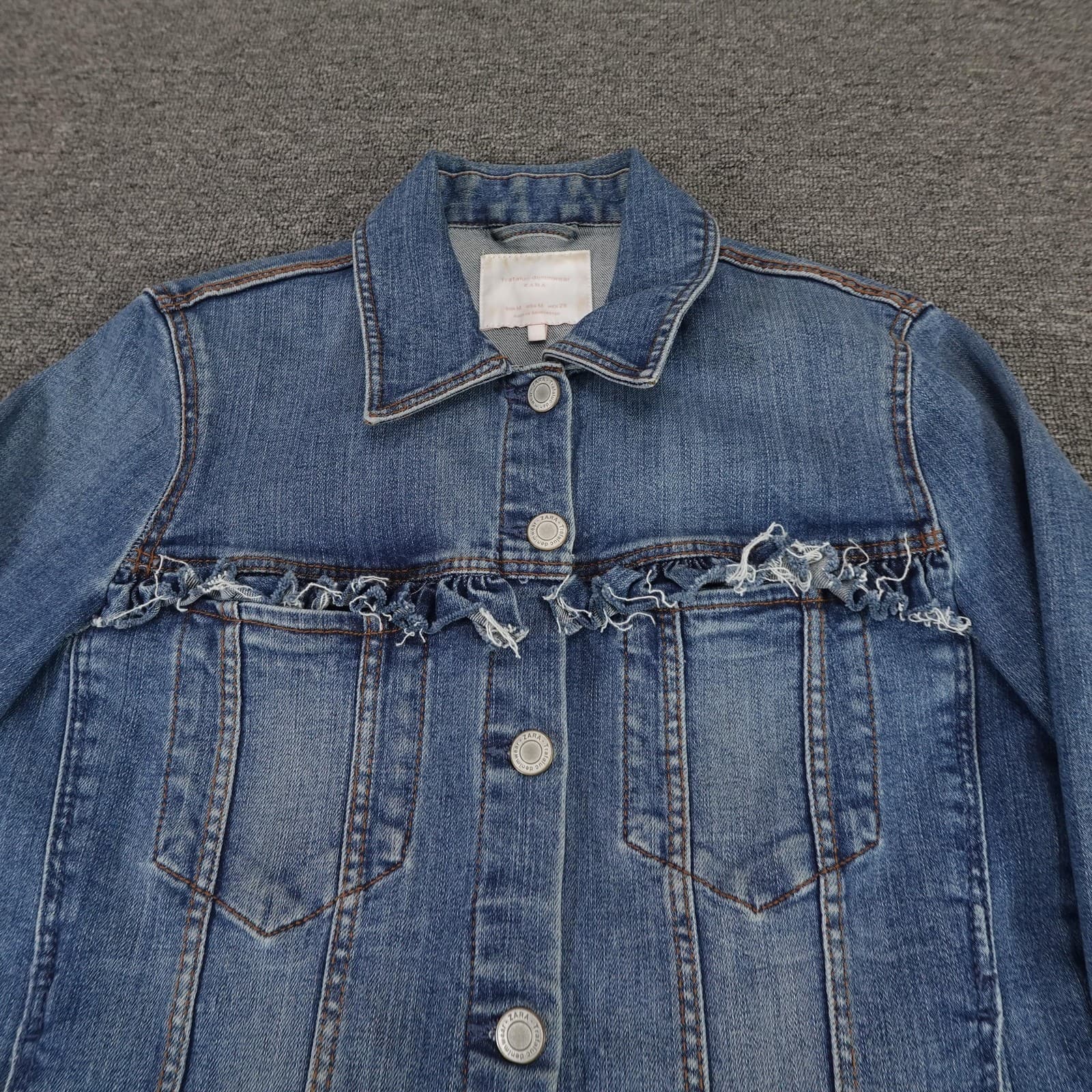 Zara Jacket Womens Medium Blue Trafaluc Denim Trucker Frayed Trim Crop Stretch - Thumbnail 2