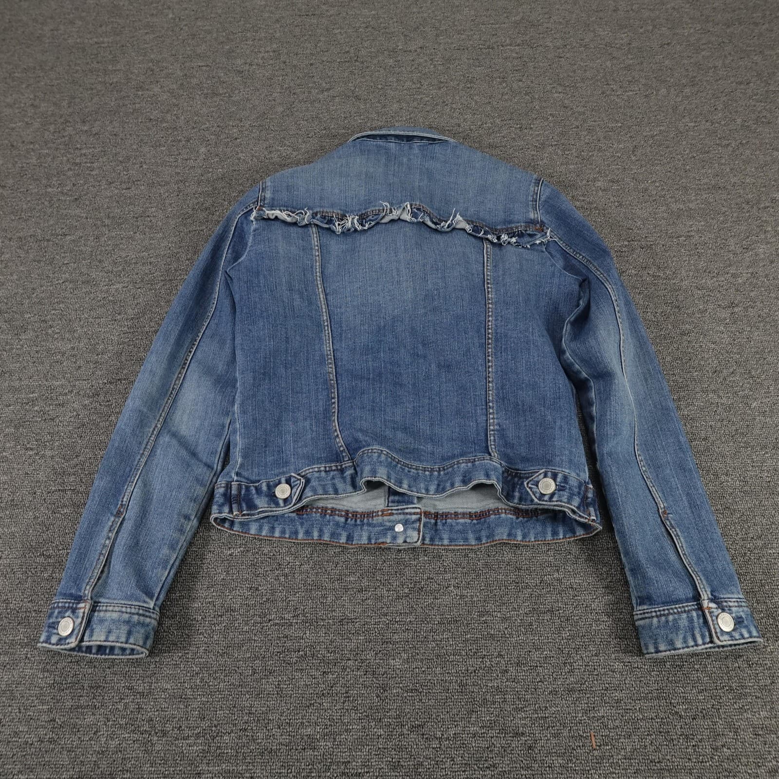 Zara Jacket Womens Medium Blue Trafaluc Denim Trucker Frayed Trim Crop Stretch - Thumbnail 8