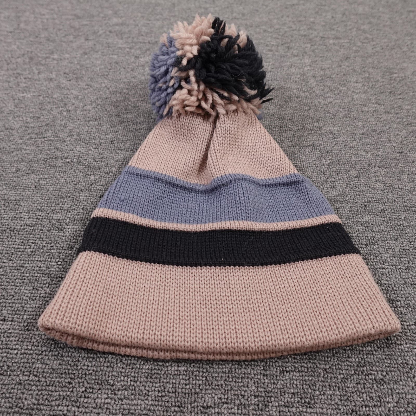Sattley Hat Beanie Fitted Mens One Size Beige Gray Black Striped Pom Knit Lined