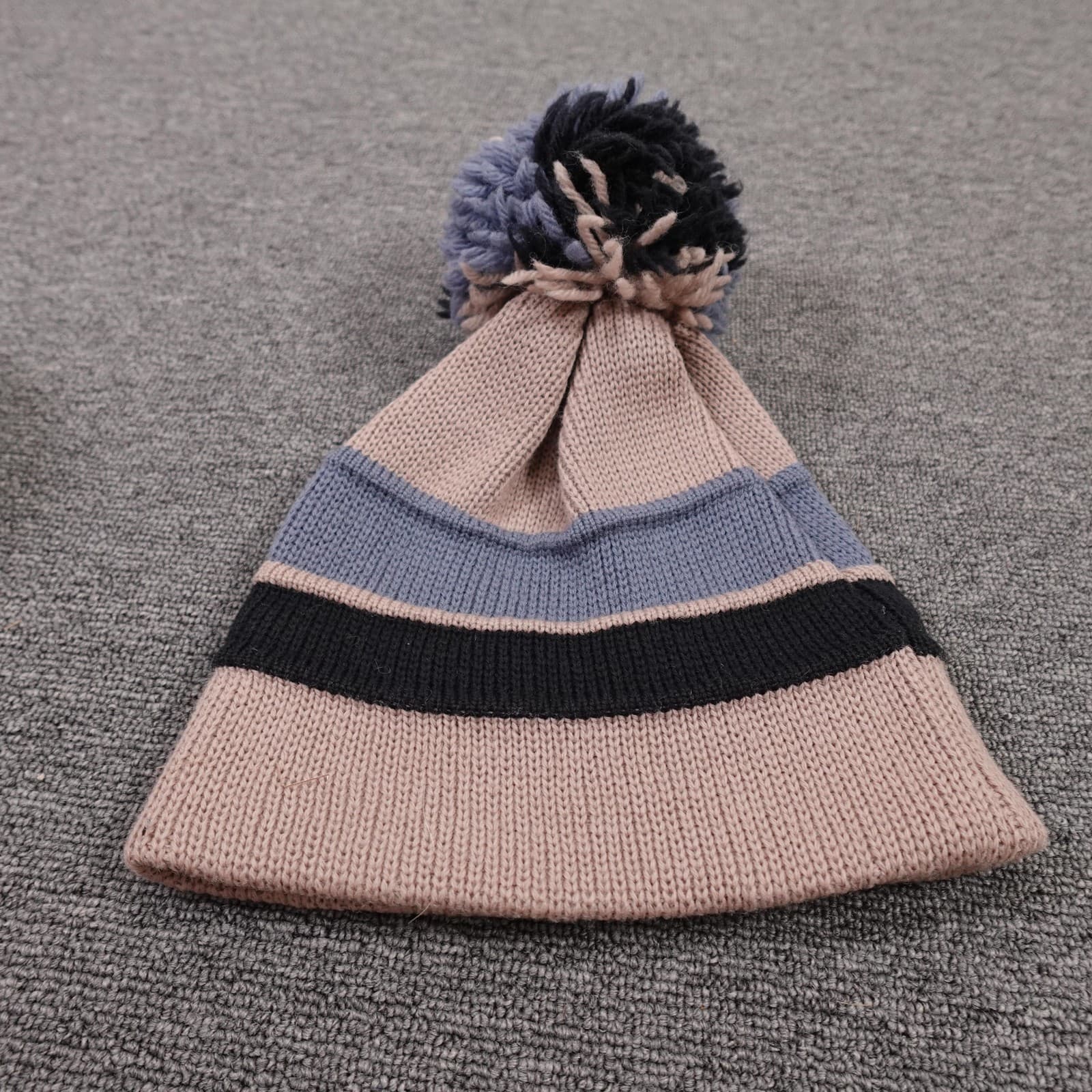 Sattley Hat Beanie Fitted Mens One Size Beige Gray Black Striped Pom Knit Lined - Thumbnail 3