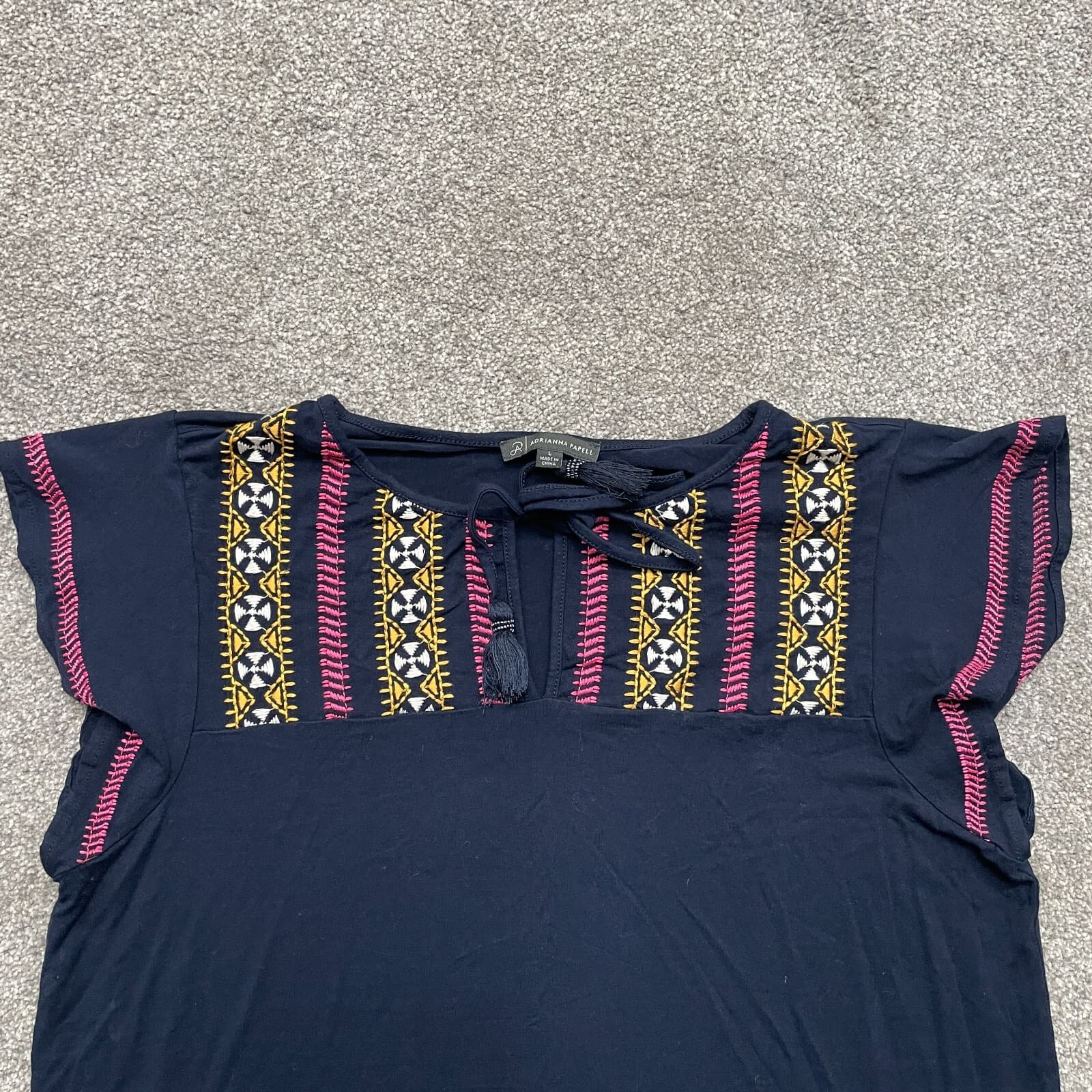 Adrianna Papell Top Adult Large Navy Blue Multicolor Embroidered Short Sleeve - Thumbnail 2