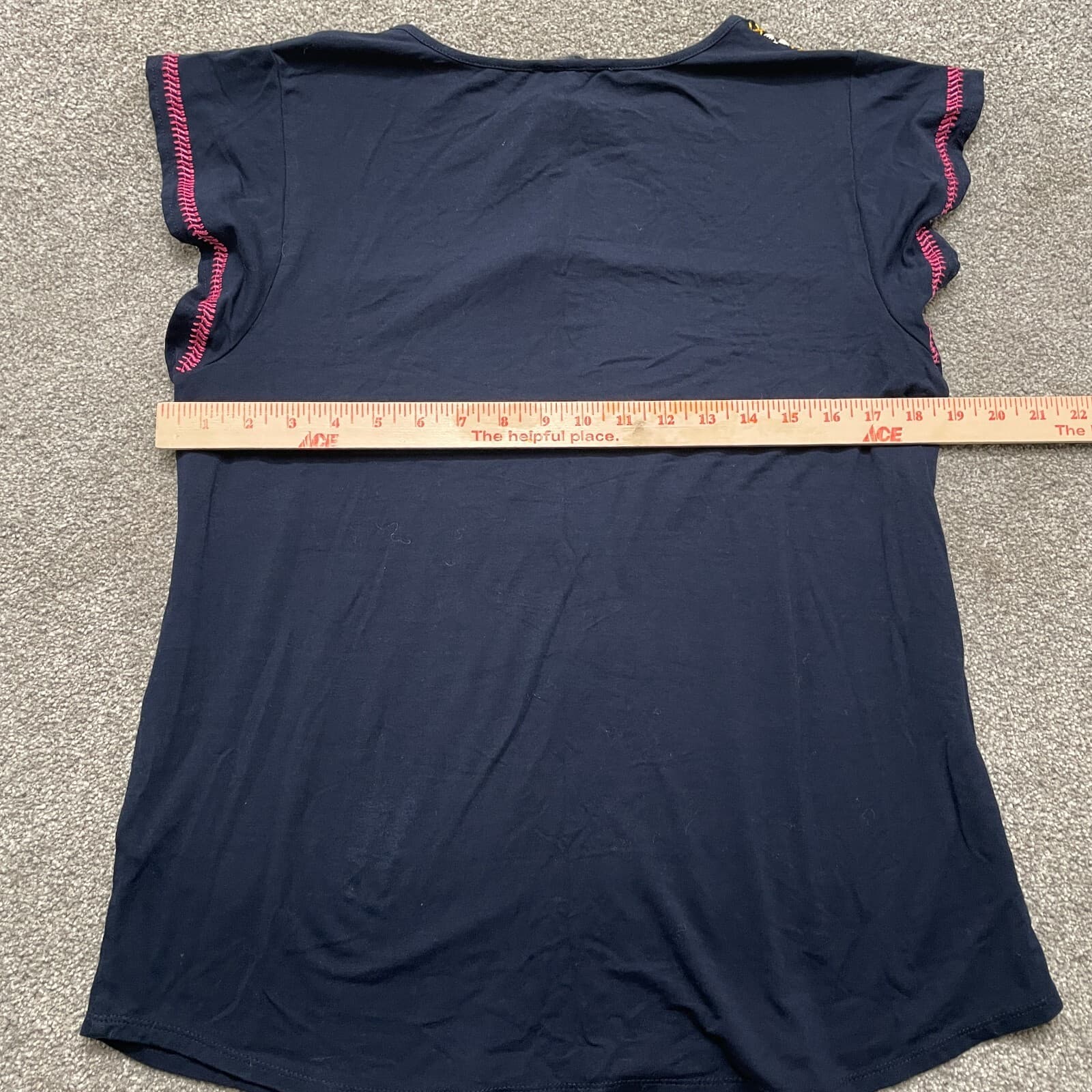Adrianna Papell Top Adult Large Navy Blue Multicolor Embroidered Short Sleeve - Thumbnail 4