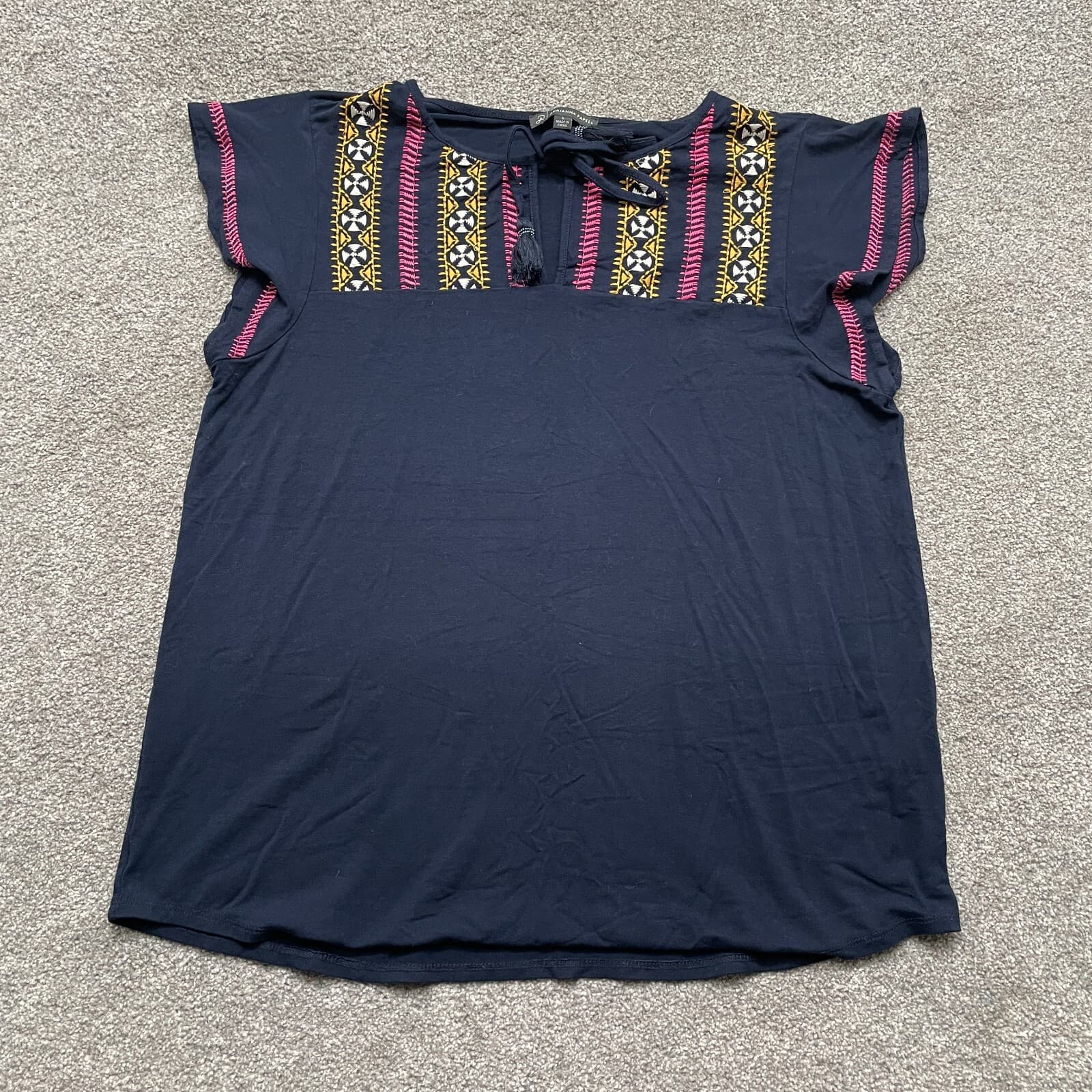 Adrianna Papell Top Adult Large Navy Blue Multicolor Embroidered Short Sleeve