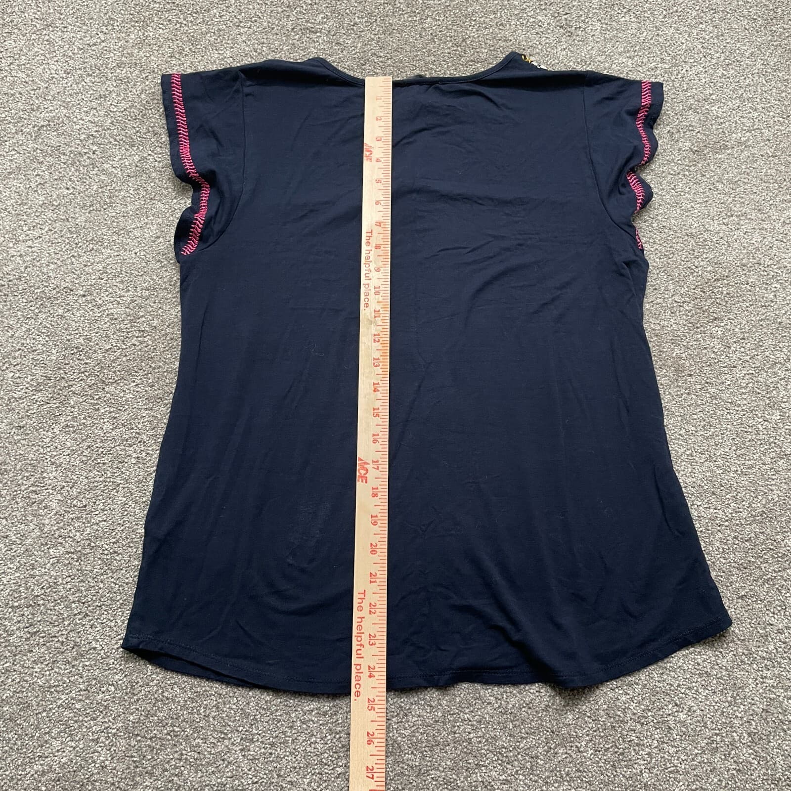 Adrianna Papell Top Adult Large Navy Blue Multicolor Embroidered Short Sleeve - Thumbnail 5