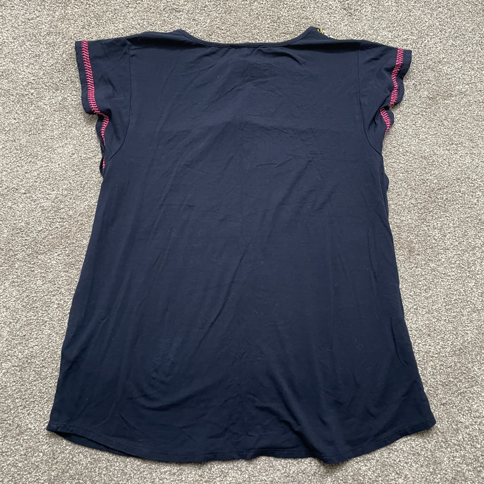 Adrianna Papell Top Adult Large Navy Blue Multicolor Embroidered Short Sleeve - Thumbnail 3
