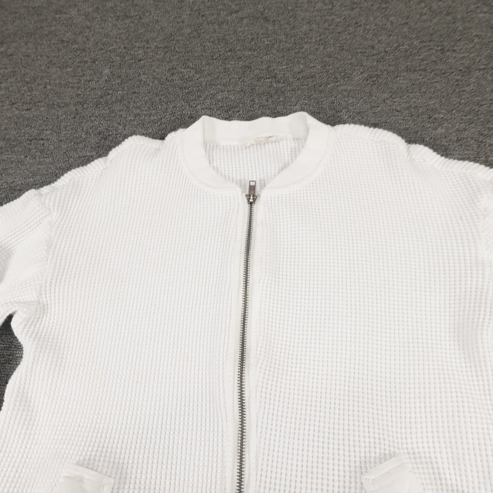 Mystree Sweater Womens Small White Waffle Knit Full Zip Bomber Jacket Pockets - Thumbnail 2