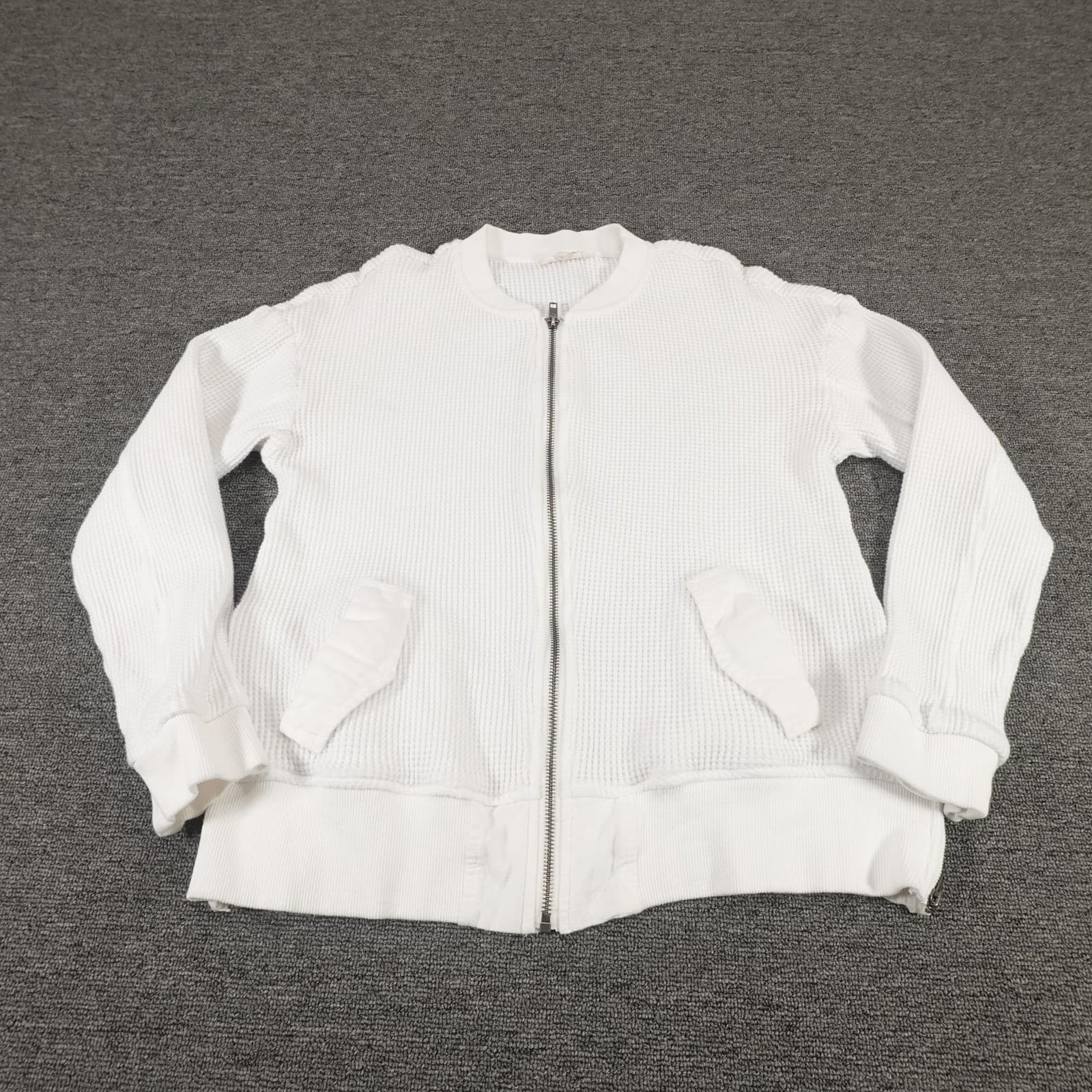 Mystree Sweater Womens Small White Waffle Knit Full Zip Bomber Jacket Pockets