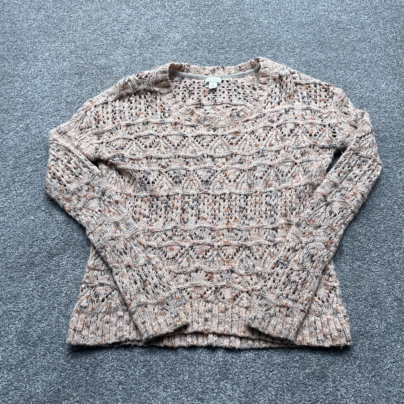 Hinge Sweater Medium Beige Open Knit Crochet Cotton Wool Blend Bohemian Ladies