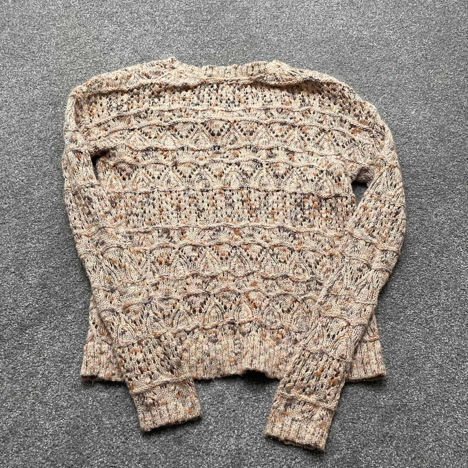 Hinge Sweater Medium Beige Open Knit Crochet Cotton Wool Blend Bohemian Ladies - Thumbnail 6