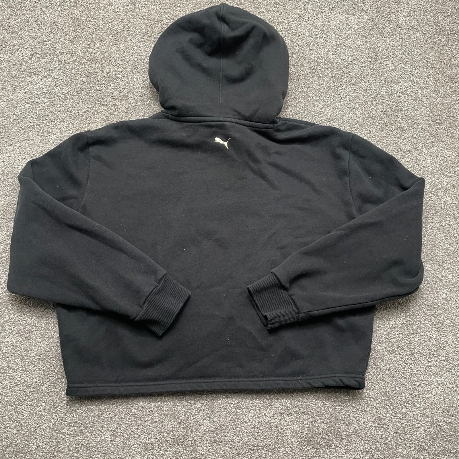 Puma Hoodie Women Medium Black Gold Metallic Logo Cropped Pullover 581857-01 - Thumbnail 3
