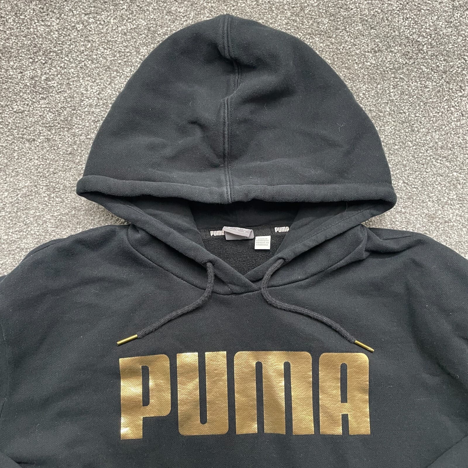 Puma Hoodie Women Medium Black Gold Metallic Logo Cropped Pullover 581857-01 - Thumbnail 2