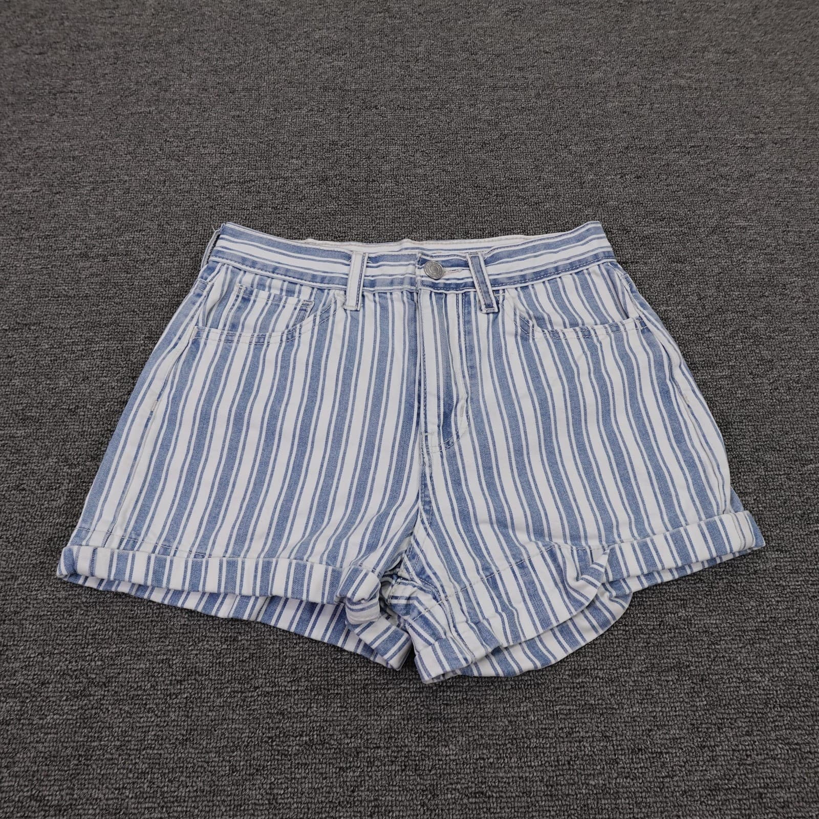 American Eagle Outfitters Mom Shorts Womens 00 Blue Striped Denim Cuffed Casual