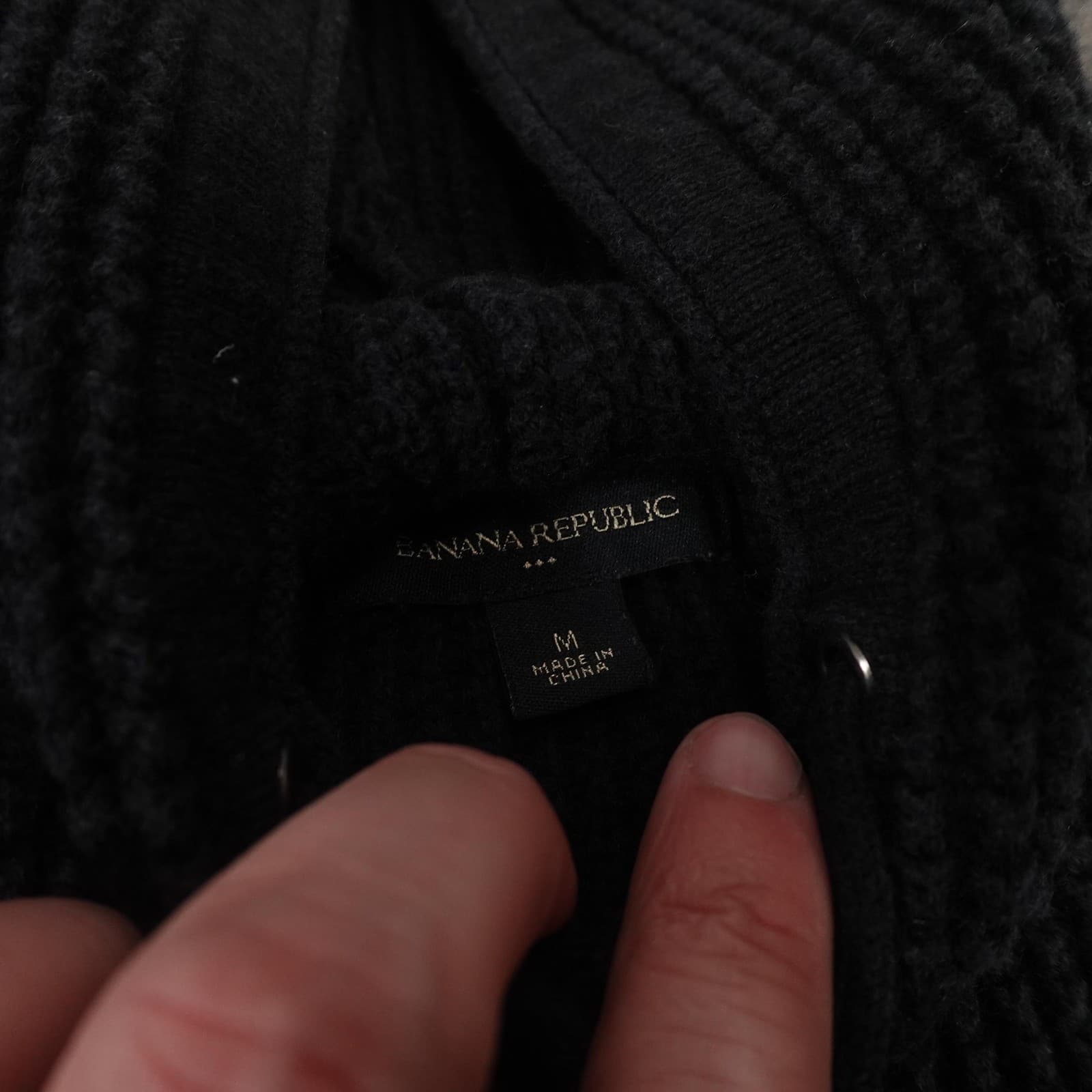 Banana Republic Sweater Mens Medium Black Hooded Waffle Knit Pullover Pockets - Thumbnail 3