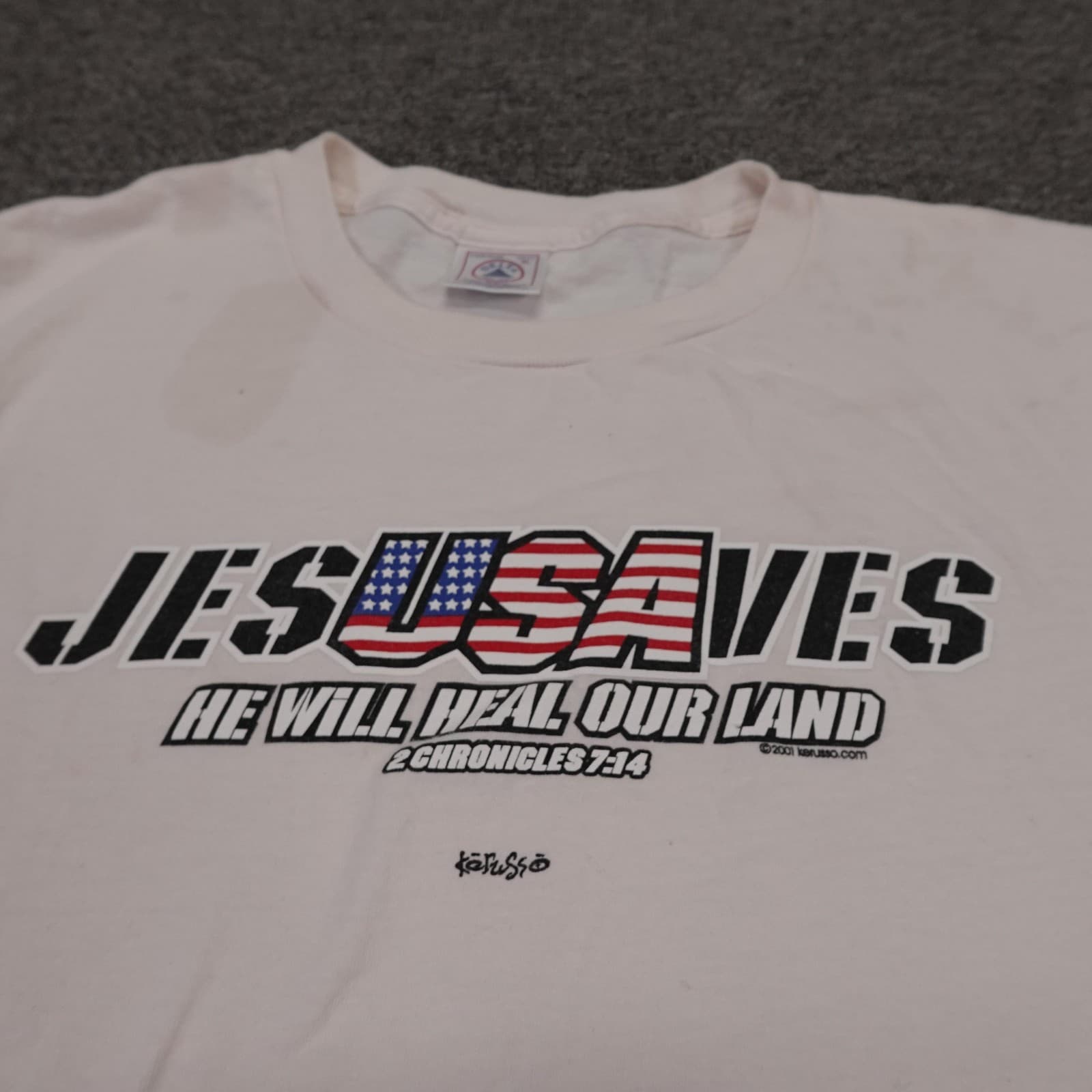 Vintage Jesus Shirt Mens XL White Jesus Saves USA Christian Graphic Tee Y2K - Thumbnail 4