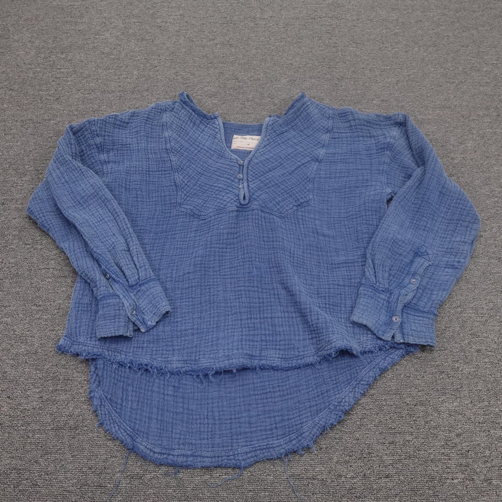 We The Free Blouse Womens Medium Blue Gauze Henley Tunic Top Long Sleeve