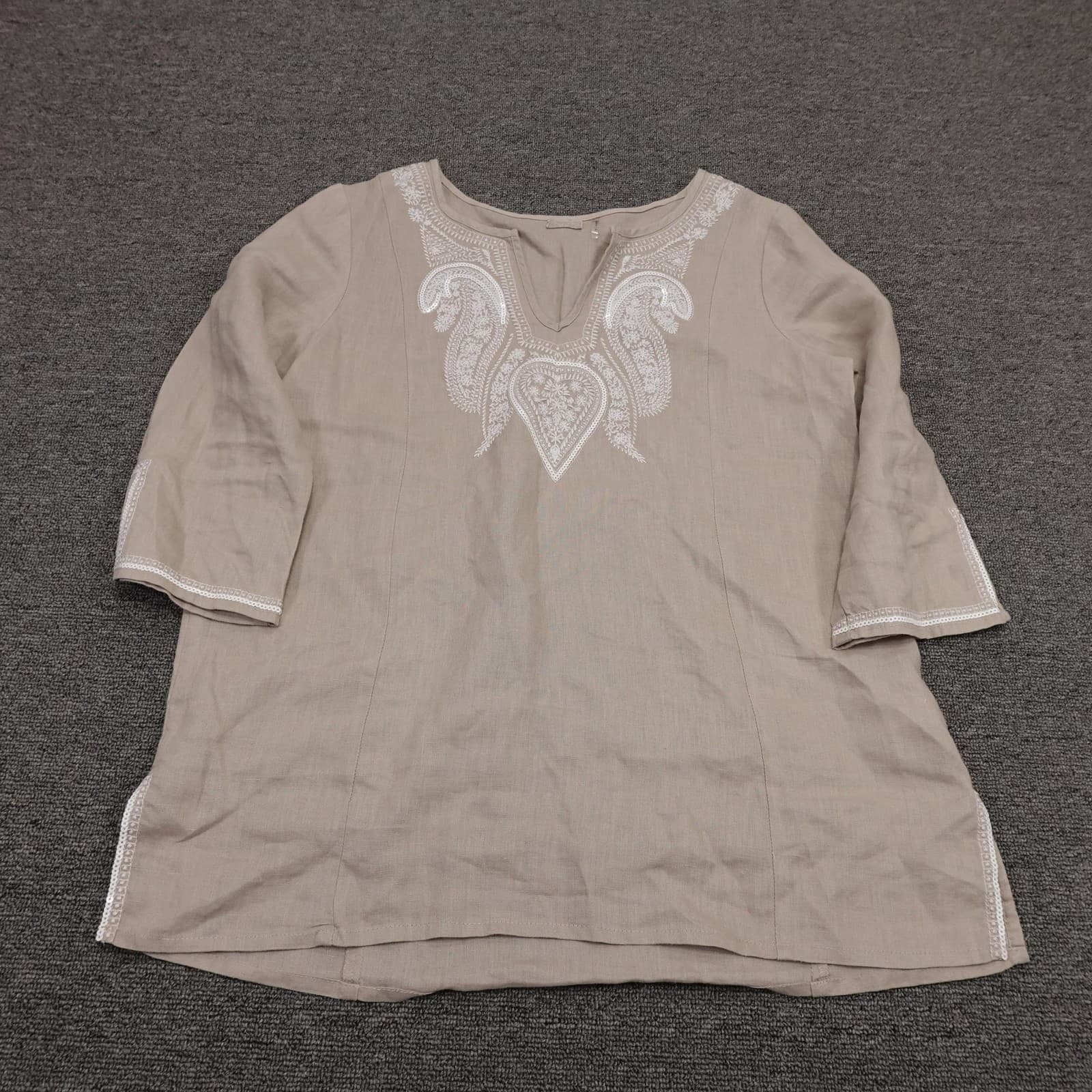 Symple NYC Blouse Womens Medium Beige Linen Embroidered Sequin Tunic Top