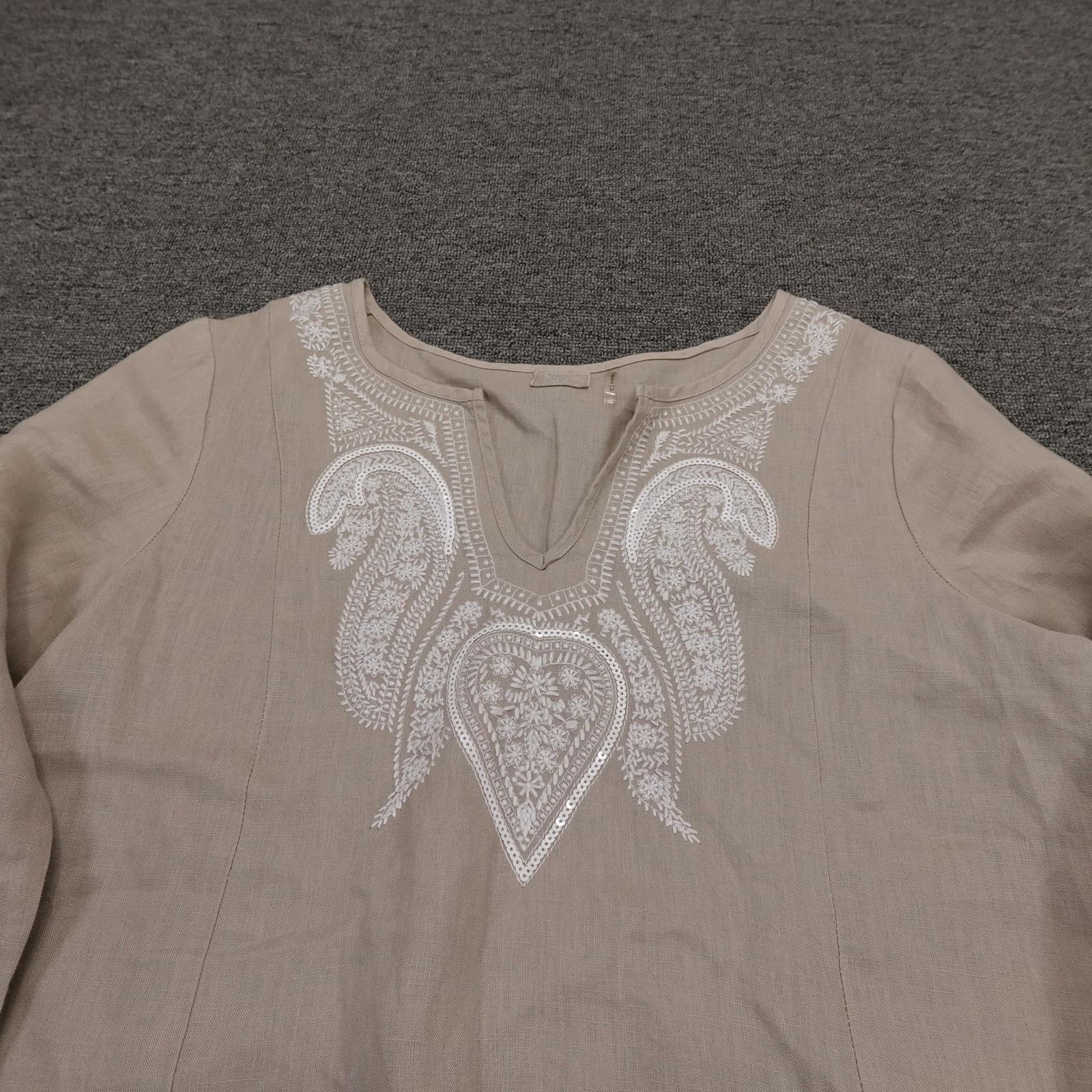 Symple NYC Blouse Womens Medium Beige Linen Embroidered Sequin Tunic Top - Thumbnail 2
