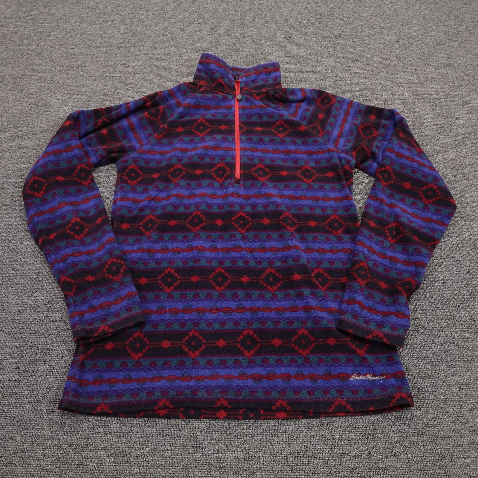 Eddie Bauer Pullover Womens Small Blue Aztec Fleece 1/4 Zip Mock Neck Hiking