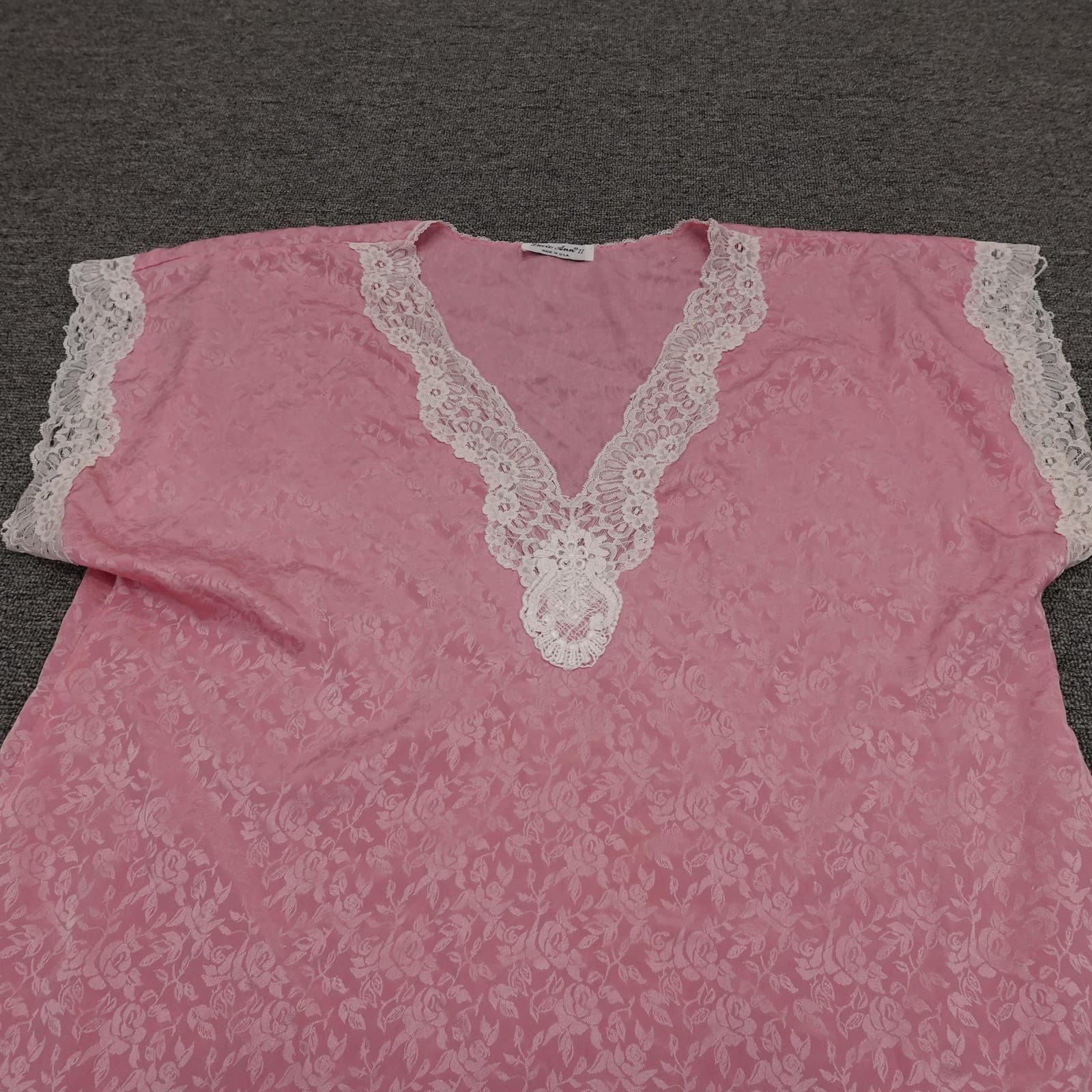 Vintage Lucie Ann II Gown Womens Large Pink Floral Satin Lace Chemise Nightgown - Thumbnail 2
