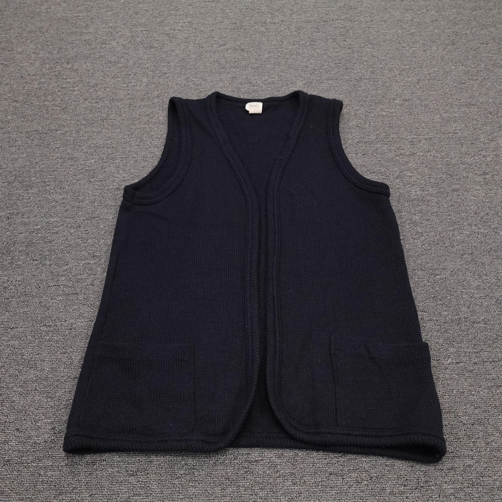 Vintage Sears Sweater Vest Mens XL Blue Acrylic Knit Open Front Pockets 70s USA