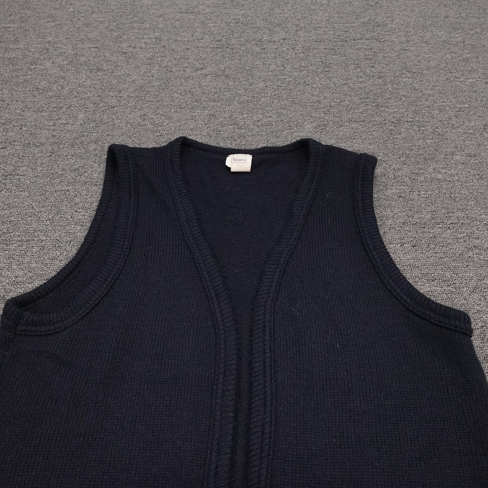 Vintage Sears Sweater Vest Mens XL Blue Acrylic Knit Open Front Pockets 70s USA - Thumbnail 2