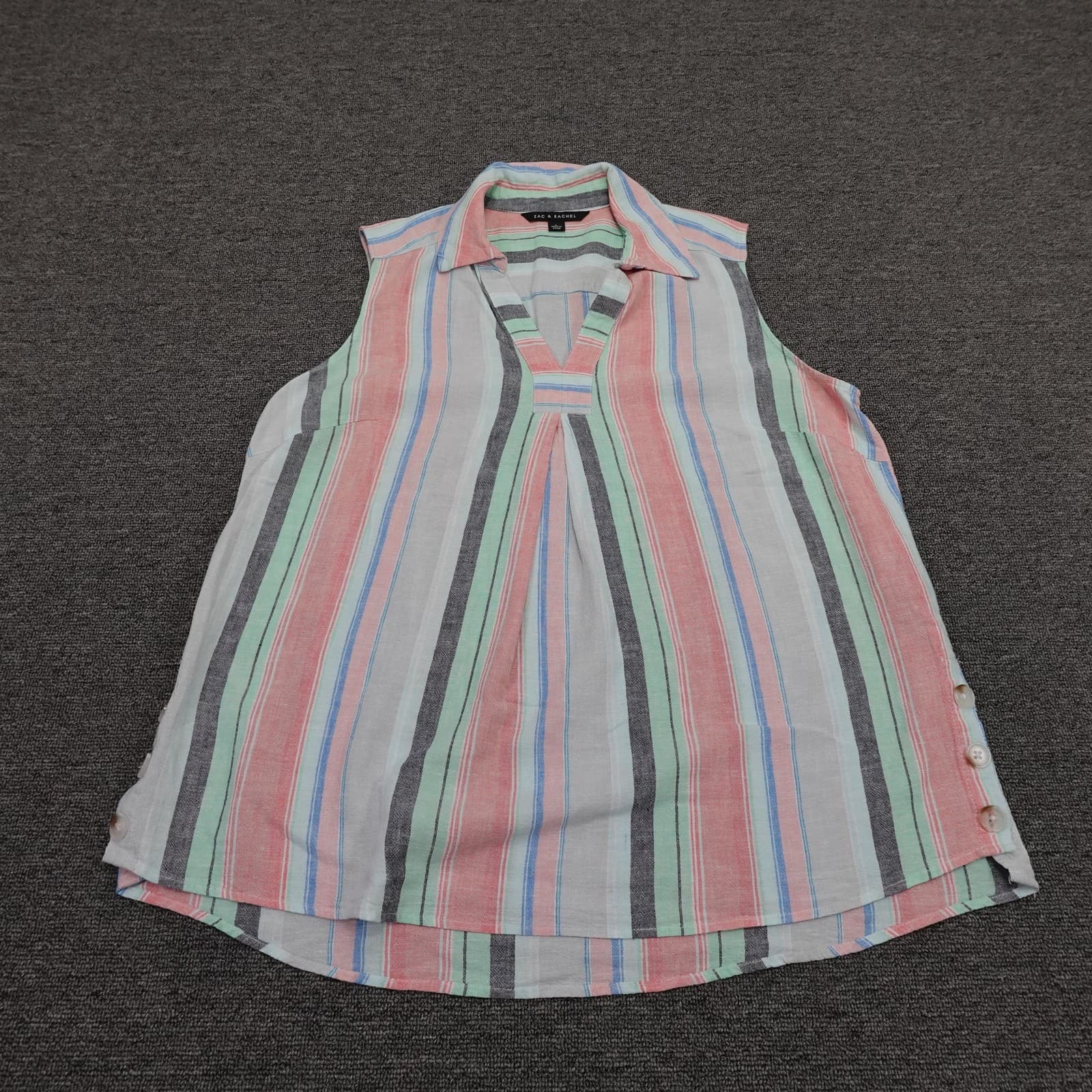 Zac & Rachel Blouse Womens Large Multicolor Stripe Linen Tunic V Neck Sleeveless