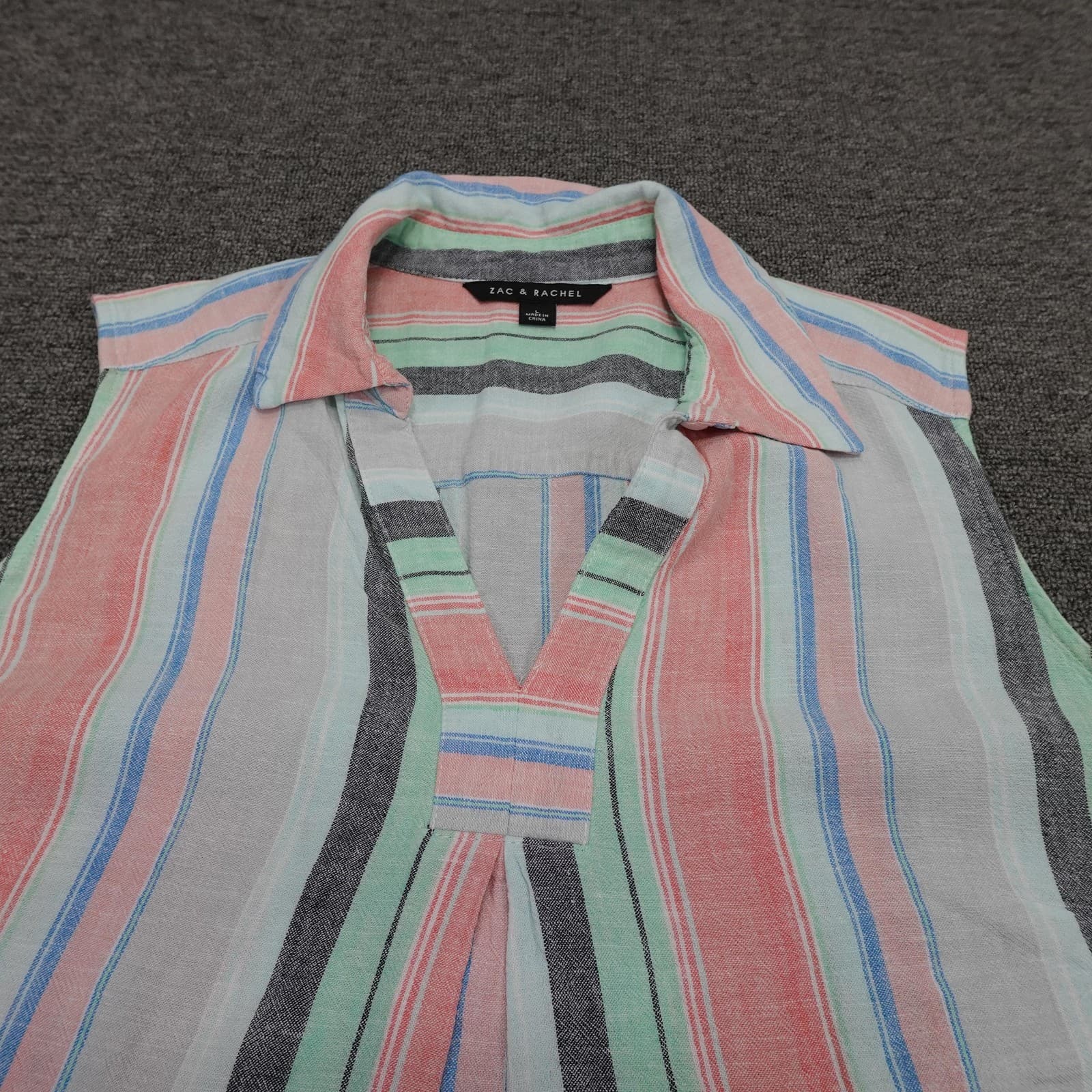Zac & Rachel Blouse Womens Large Multicolor Stripe Linen Tunic V Neck Sleeveless - Thumbnail 2