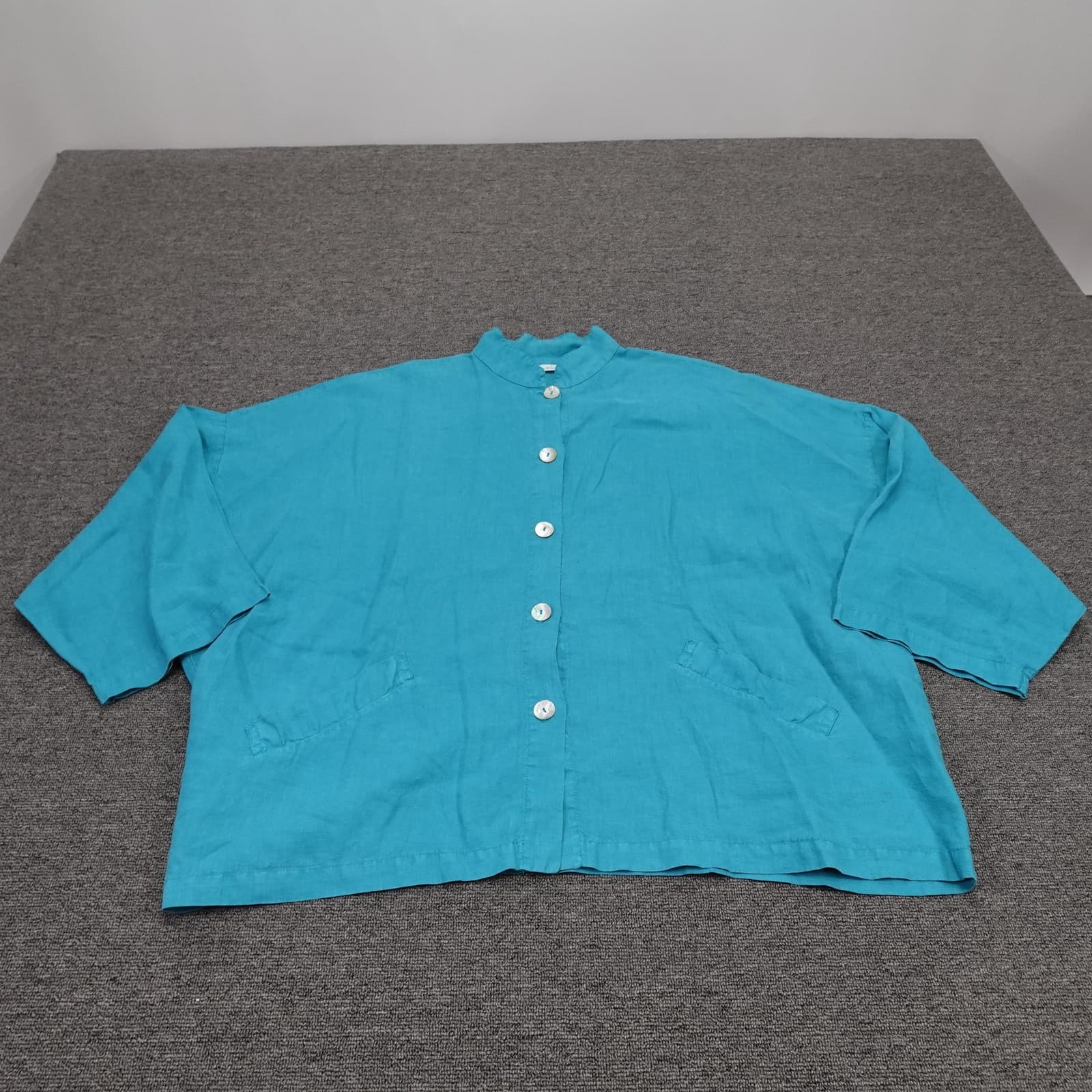 Bryn Walker Blouse Womens Large Blue Linen Button Front Mock Neck Top