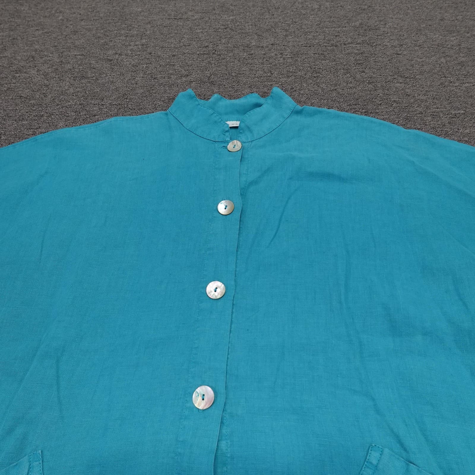 Bryn Walker Blouse Womens Large Blue Linen Button Front Mock Neck Top - Thumbnail 2