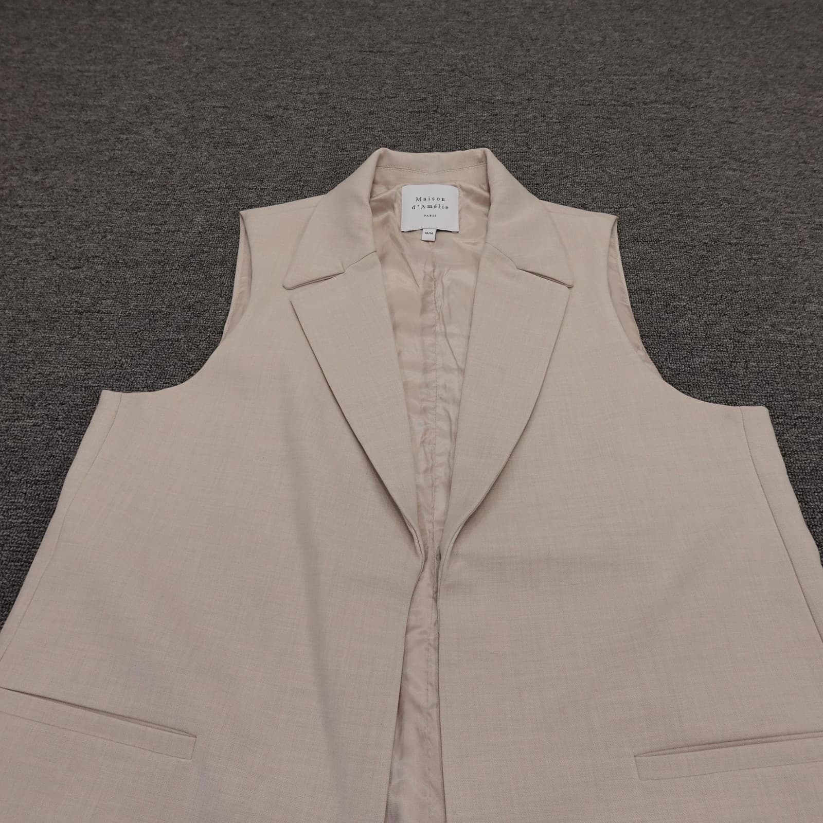 Maison D'Amélie Vest Womens Medium Beige Long Blazer Open Front Lined Twill - Thumbnail 2