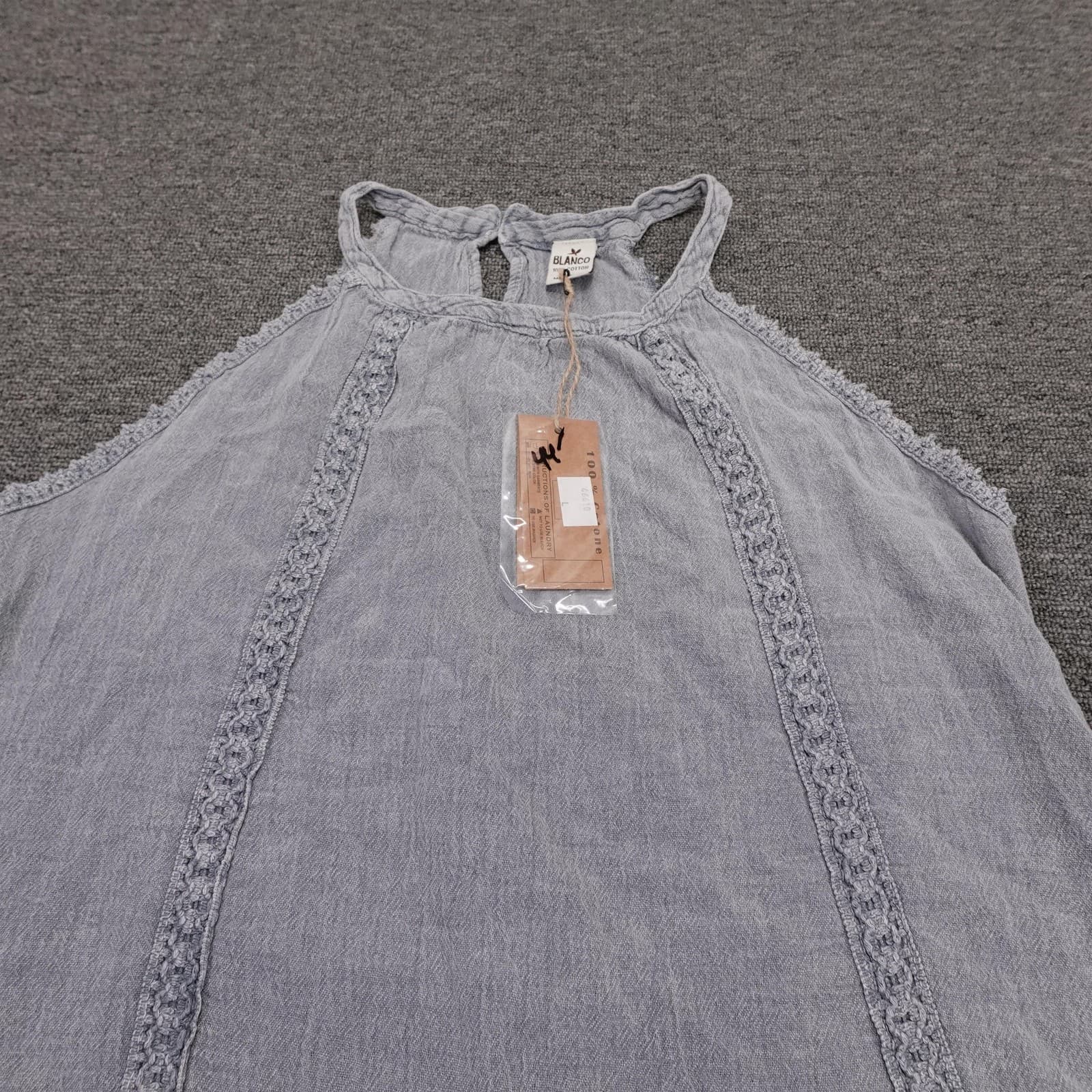 Blanco Tank Top Womens L Blue 100% Cotton Halter Crochet Trim Keyhole Back - Thumbnail 2