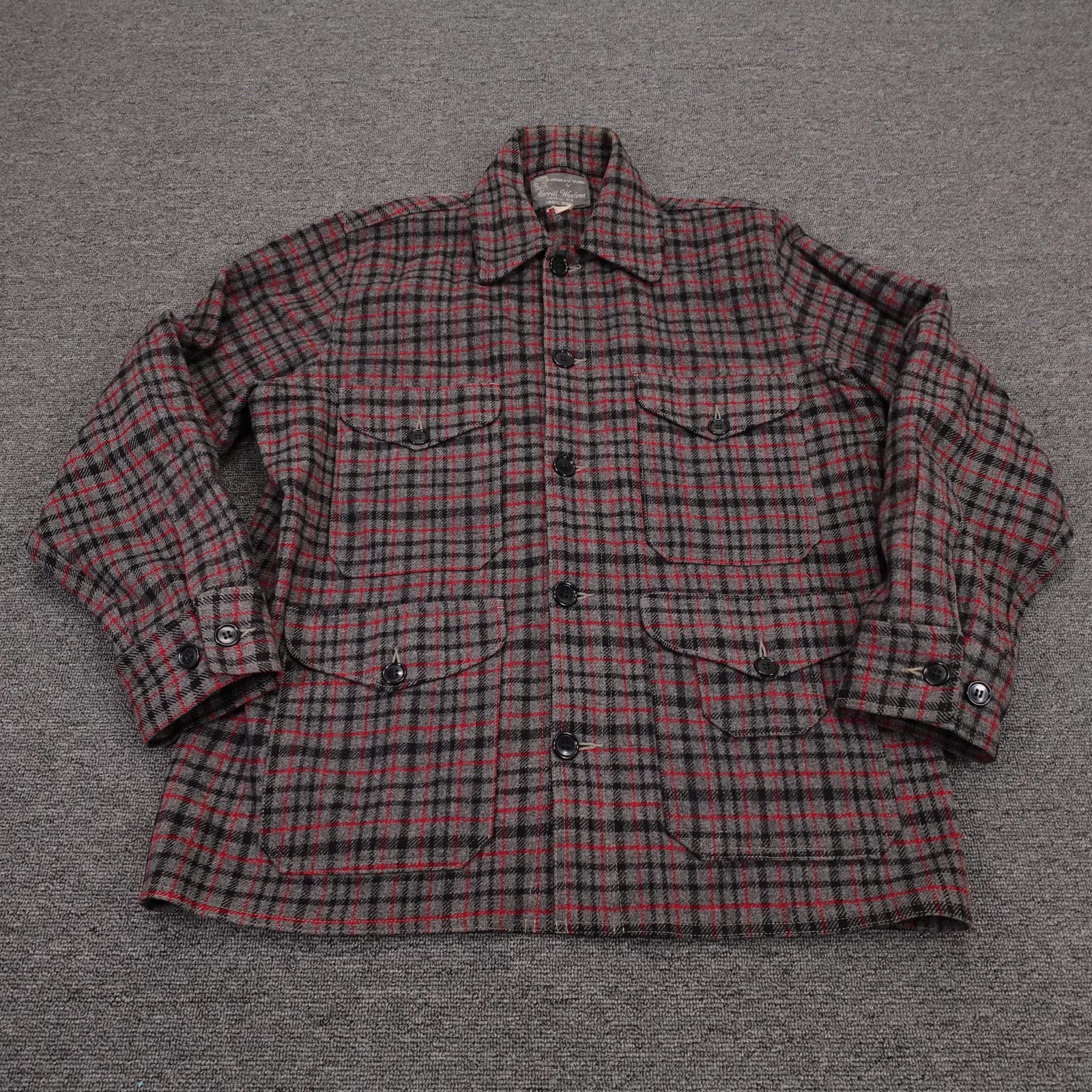 Vintage Merrill Woolens Flannel Jacket Large Gray Wool Hunting Shacket 50s