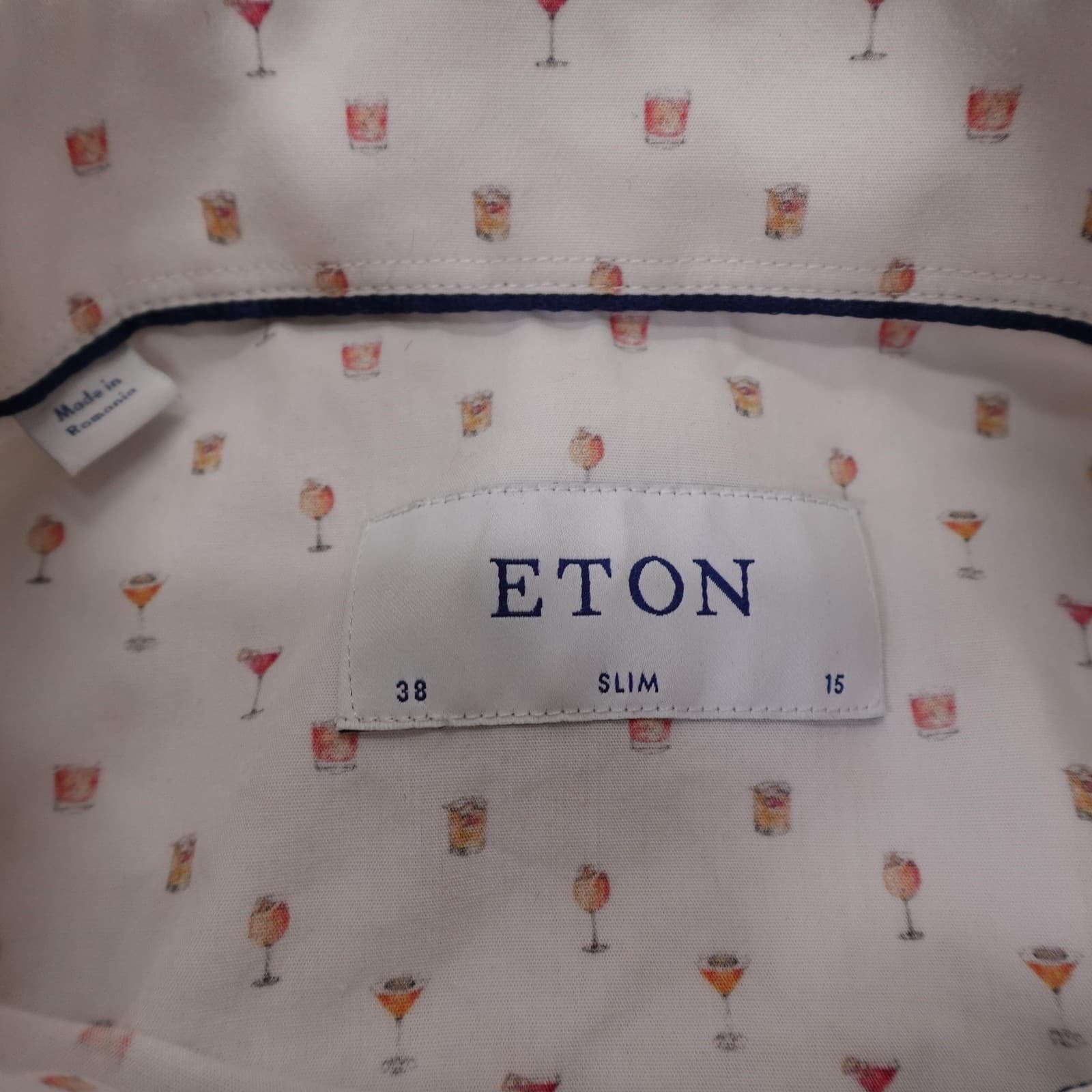 Eton Shirt Mens 38 White Cocktail Print Short Sleeve Button Up Slim Cotton - Thumbnail 3