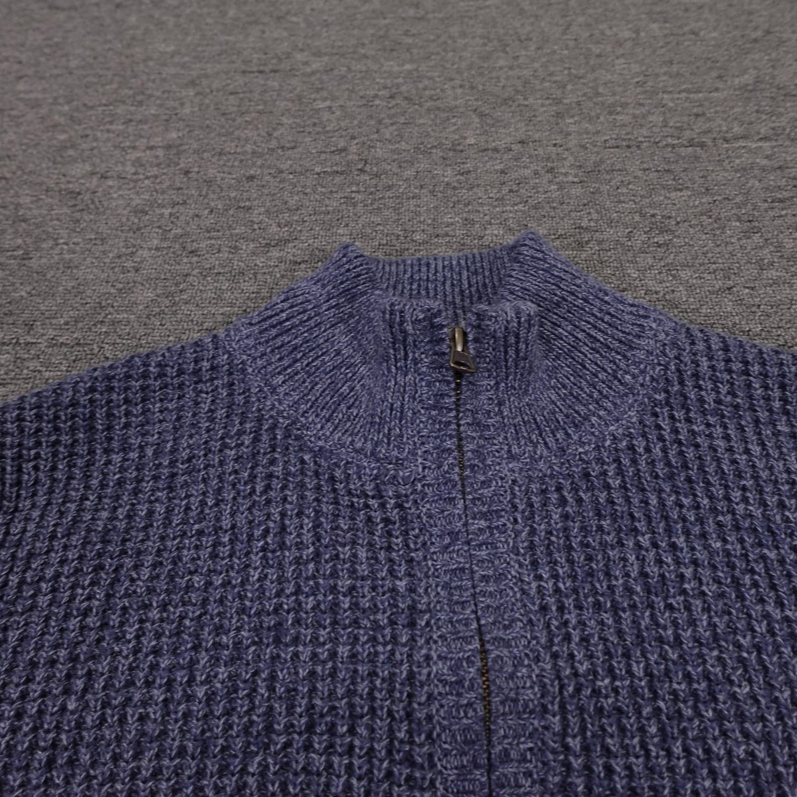 LL Bean Sweater Mens Large Blue Organic Cotton Full Zip Mock Neck Chunky Knit - Thumbnail 2