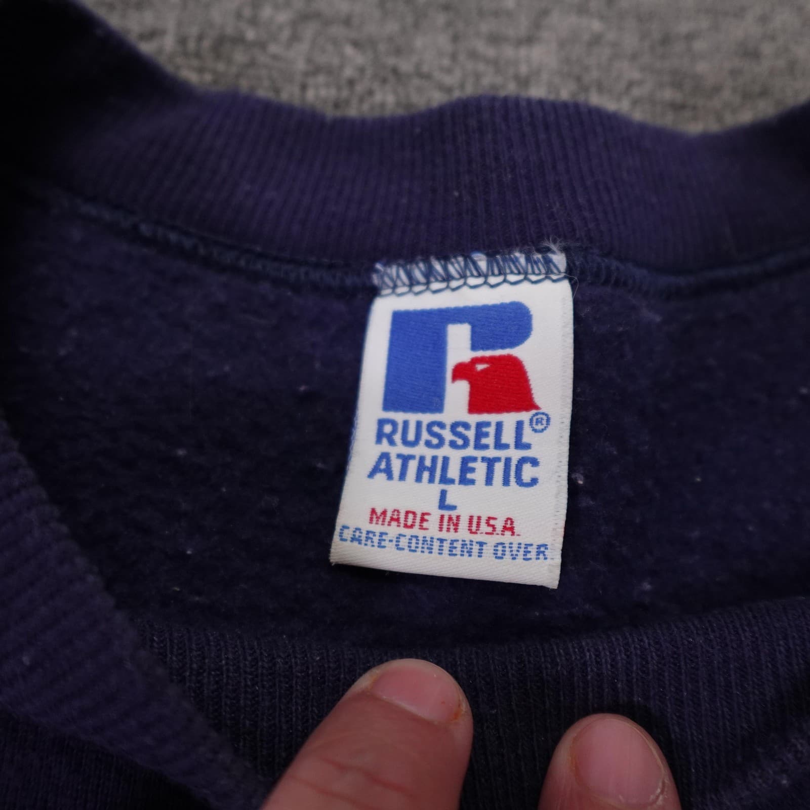 VINTAGE Russell Athletic Sweatshirt Large Blue Crewneck Fleece Made USA Pullover - Thumbnail 3