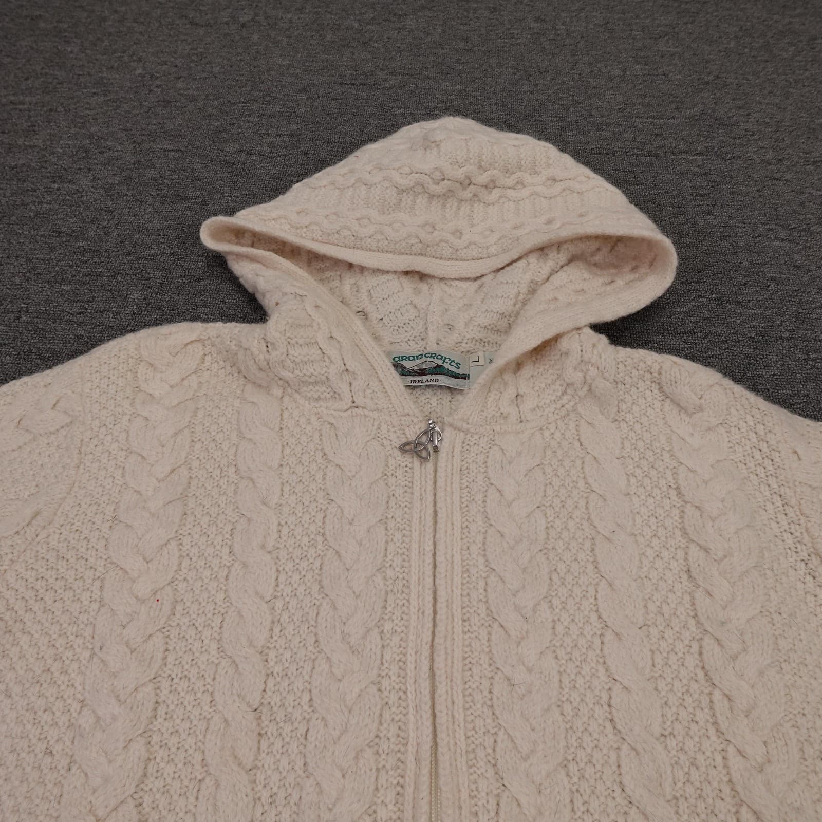 Aran Crafts Sweater Cardigan Womens Large White Merino Wool Hooded Full Zip - Thumbnail 2