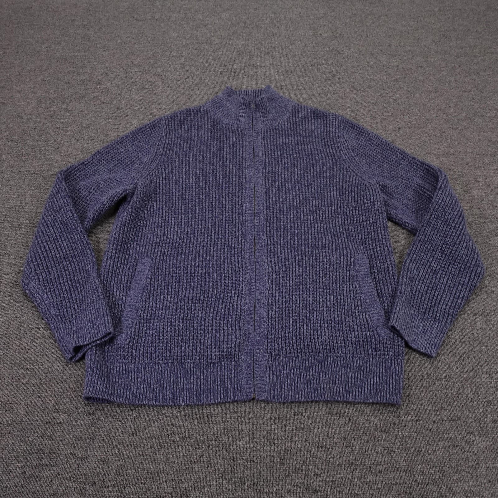 LL Bean Sweater Mens Large Blue Organic Cotton Full Zip Mock Neck Chunky Knit