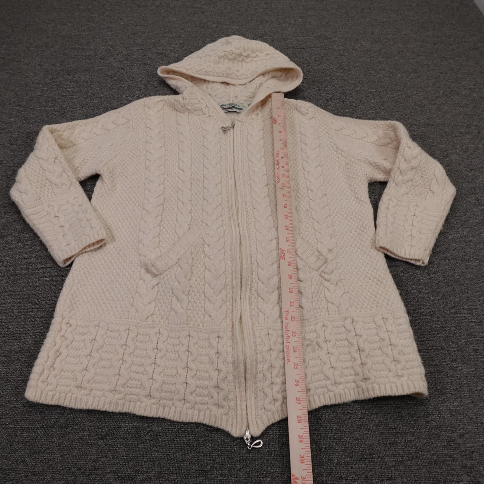 Aran Crafts Sweater Cardigan Womens Large White Merino Wool Hooded Full Zip - Thumbnail 6