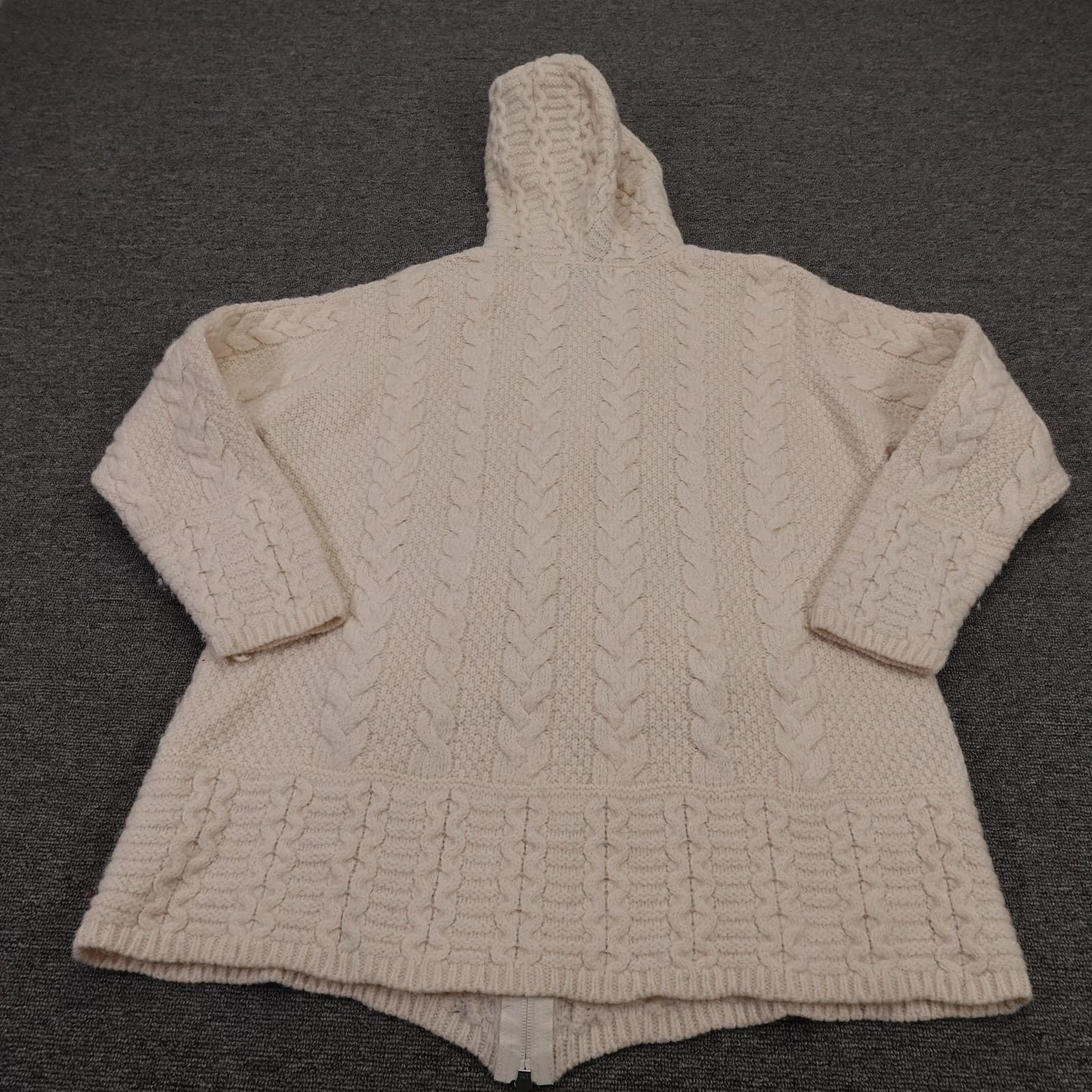Aran Crafts Sweater Cardigan Womens Large White Merino Wool Hooded Full Zip - Thumbnail 7