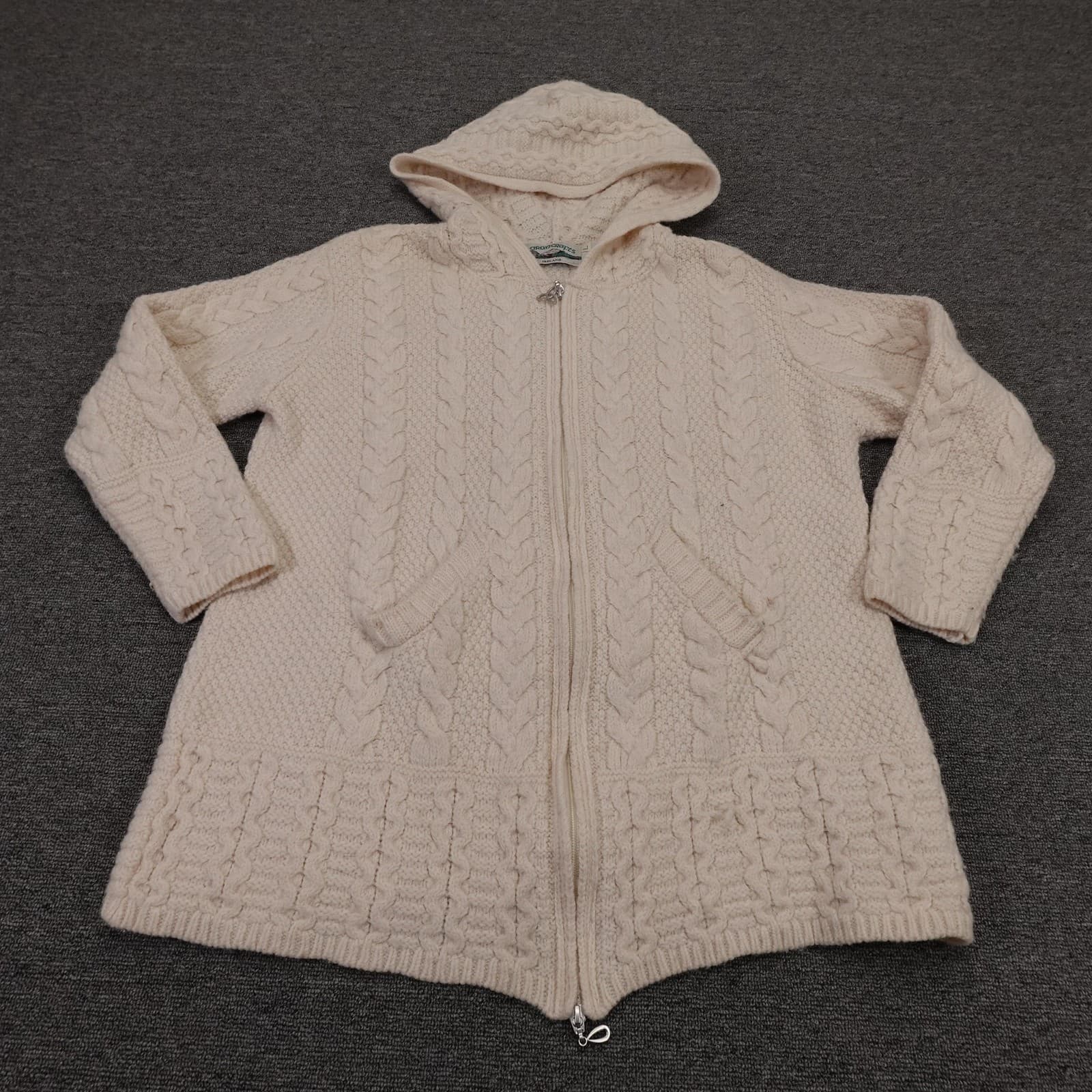 Aran Crafts Sweater Cardigan Womens Large White Merino Wool Hooded Full Zip