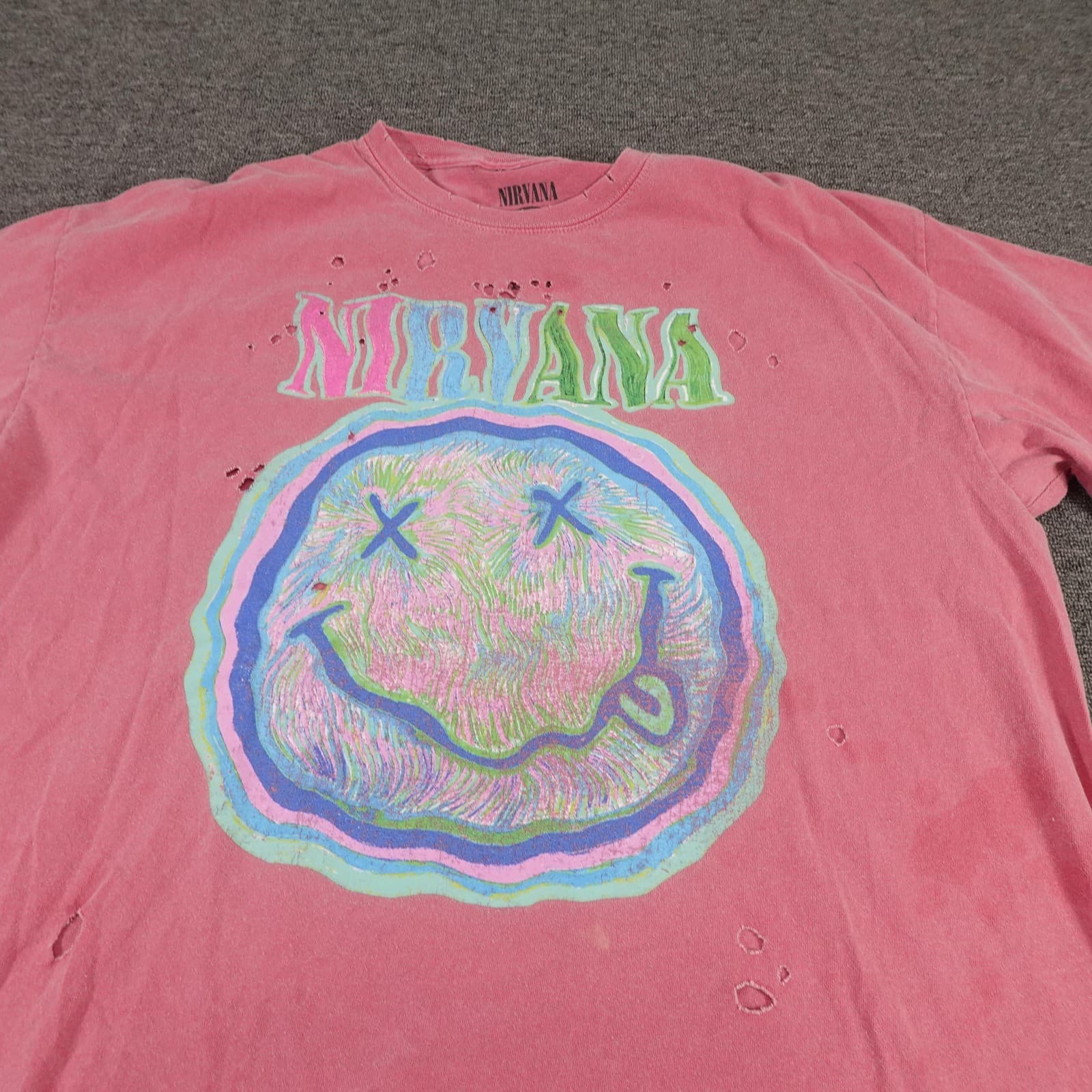 Nirvana Shirt Mens S/M Pink Nevermind Smiley Face Distressed Band Graphic Tee - Thumbnail 2