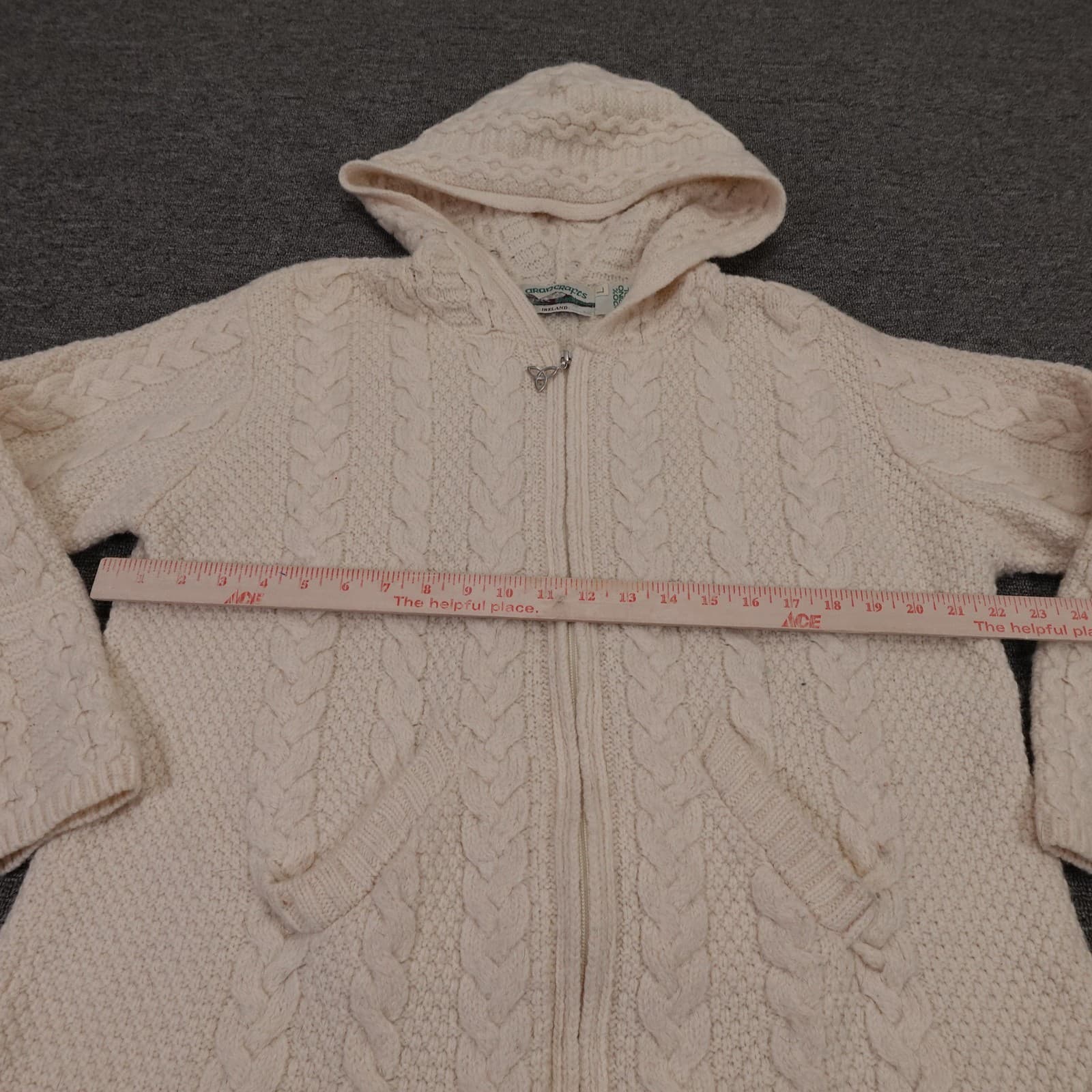 Aran Crafts Sweater Cardigan Womens Large White Merino Wool Hooded Full Zip - Thumbnail 5