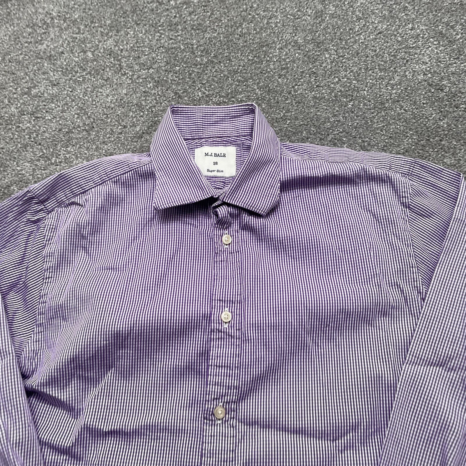 M.J. Bale Shirt Mens 38 Purple Dress Gingham Check Super Slim Long Sleeve Cotton - Thumbnail 2