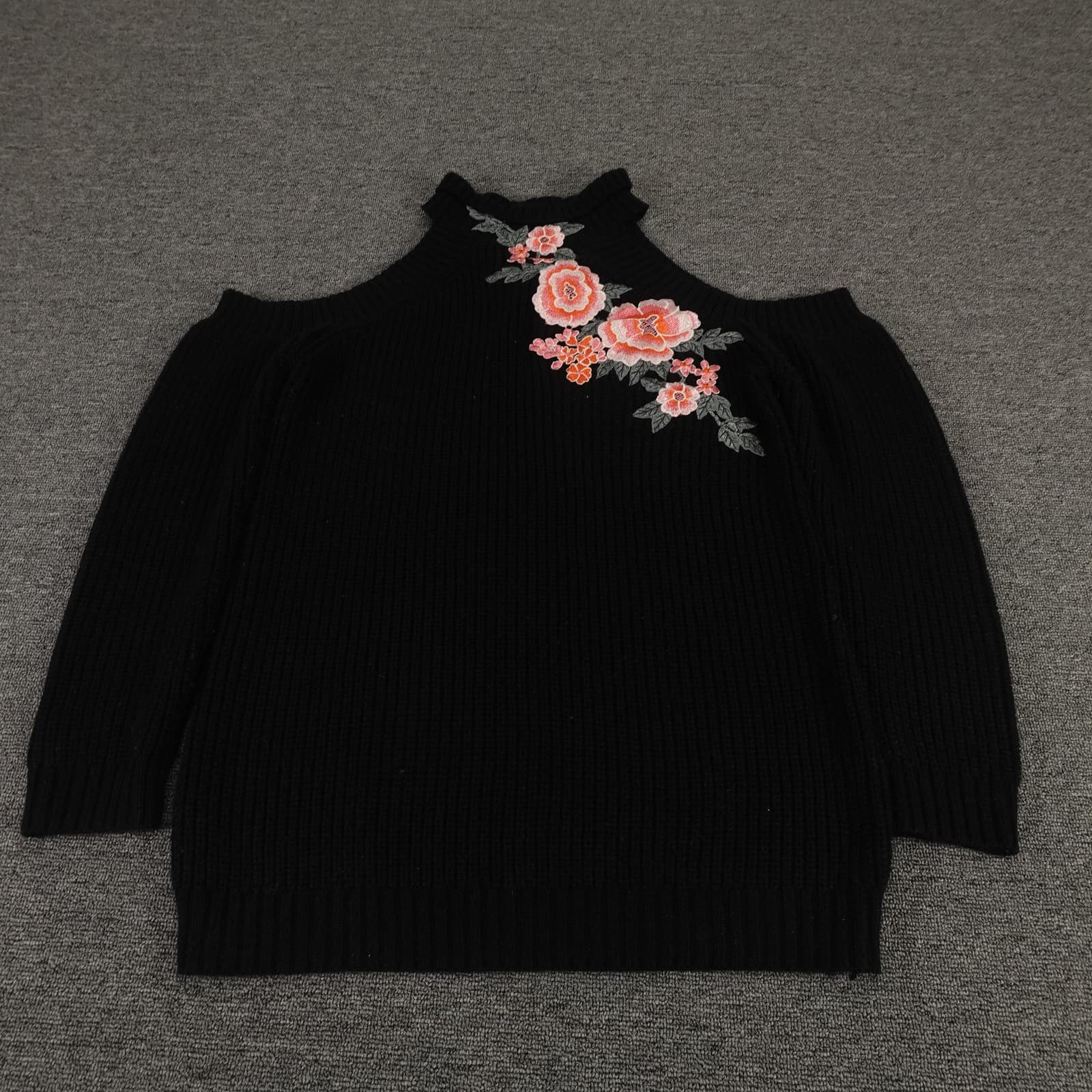 Charlotte Russe Sweater Womens Large Black Floral Cold Shoulder Pullover Y2K