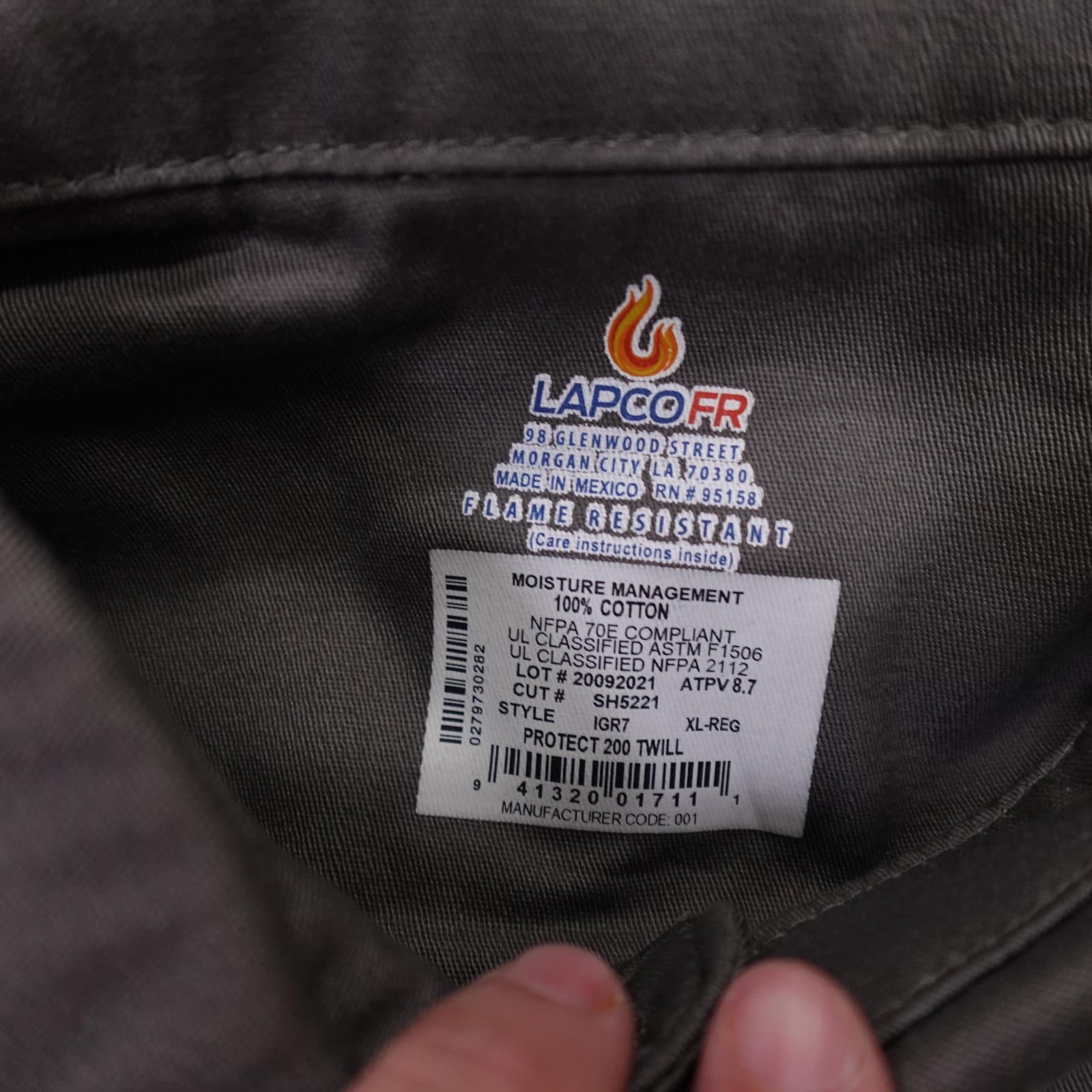 LAPCO FR Shirt Mens XL Gray Solid Flame Resistant Long Sleeve Workwear Button Up - Thumbnail 5